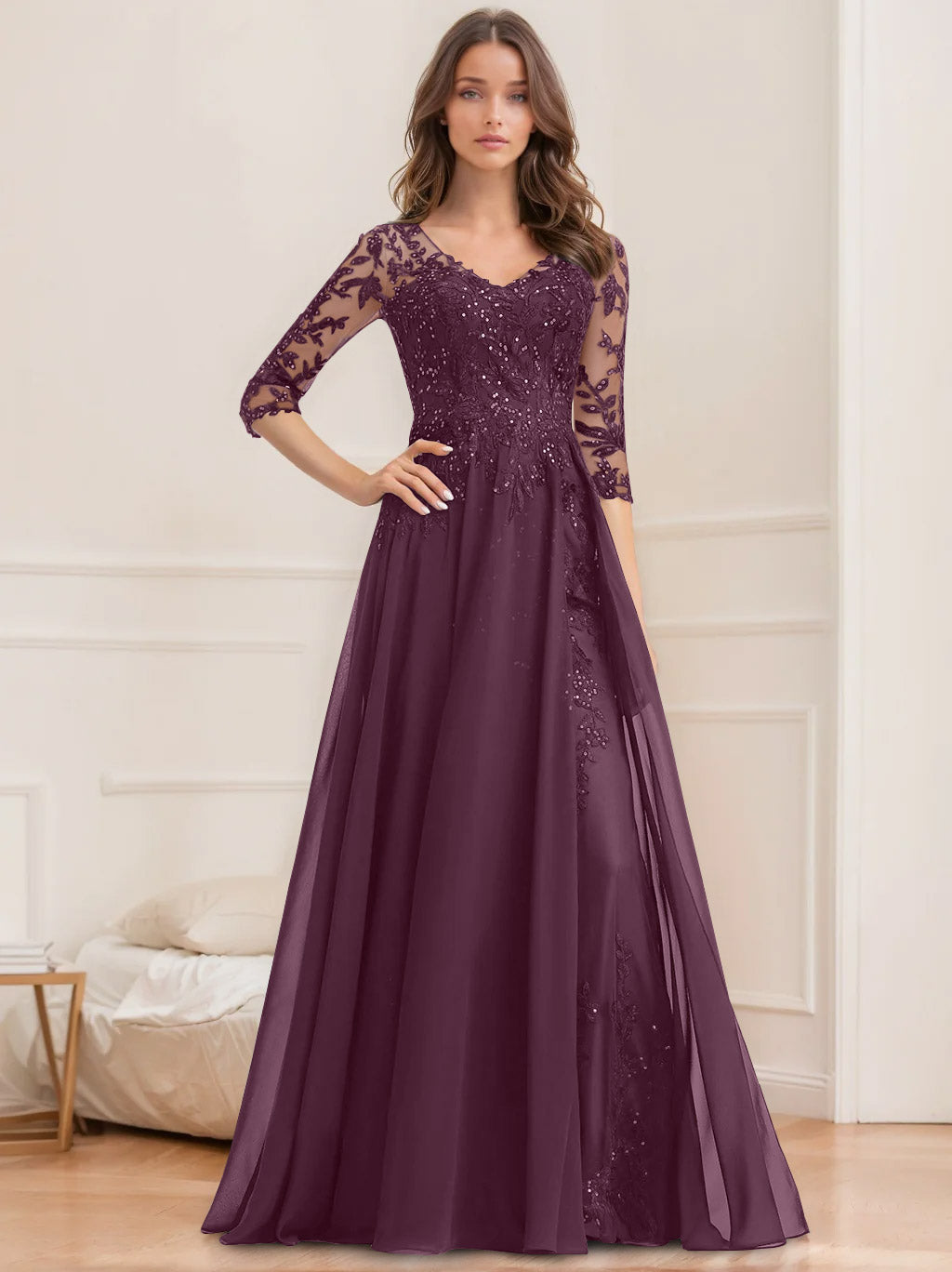 Long V Neck A Line Mother of the Bride Dress with Half Sleeves and Sequins