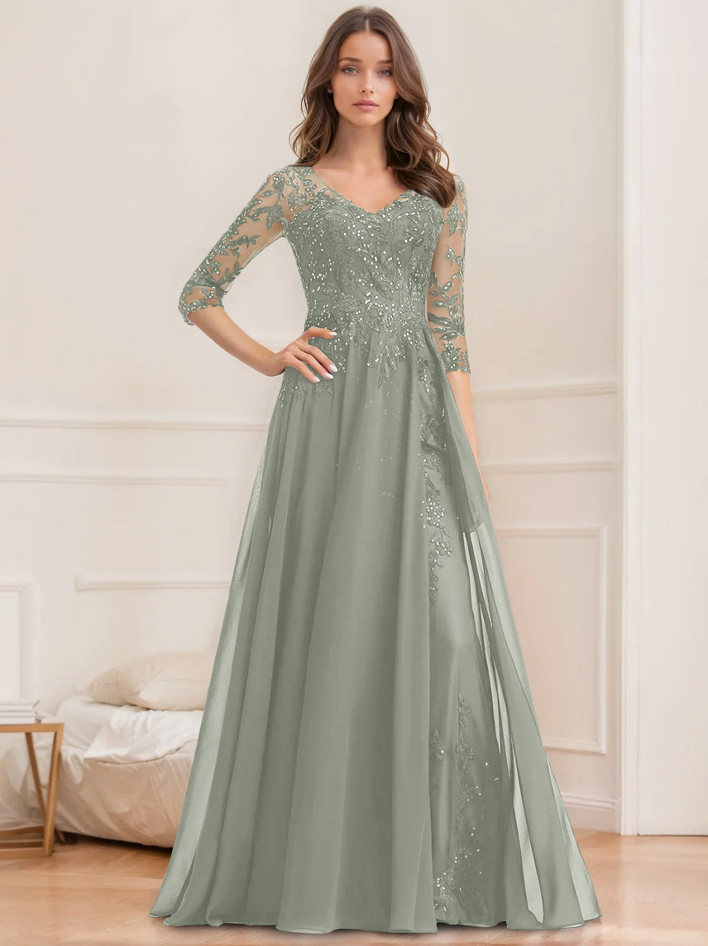 Long V Neck A Line Mother of the Bride Dress with Half Sleeves and Sequins