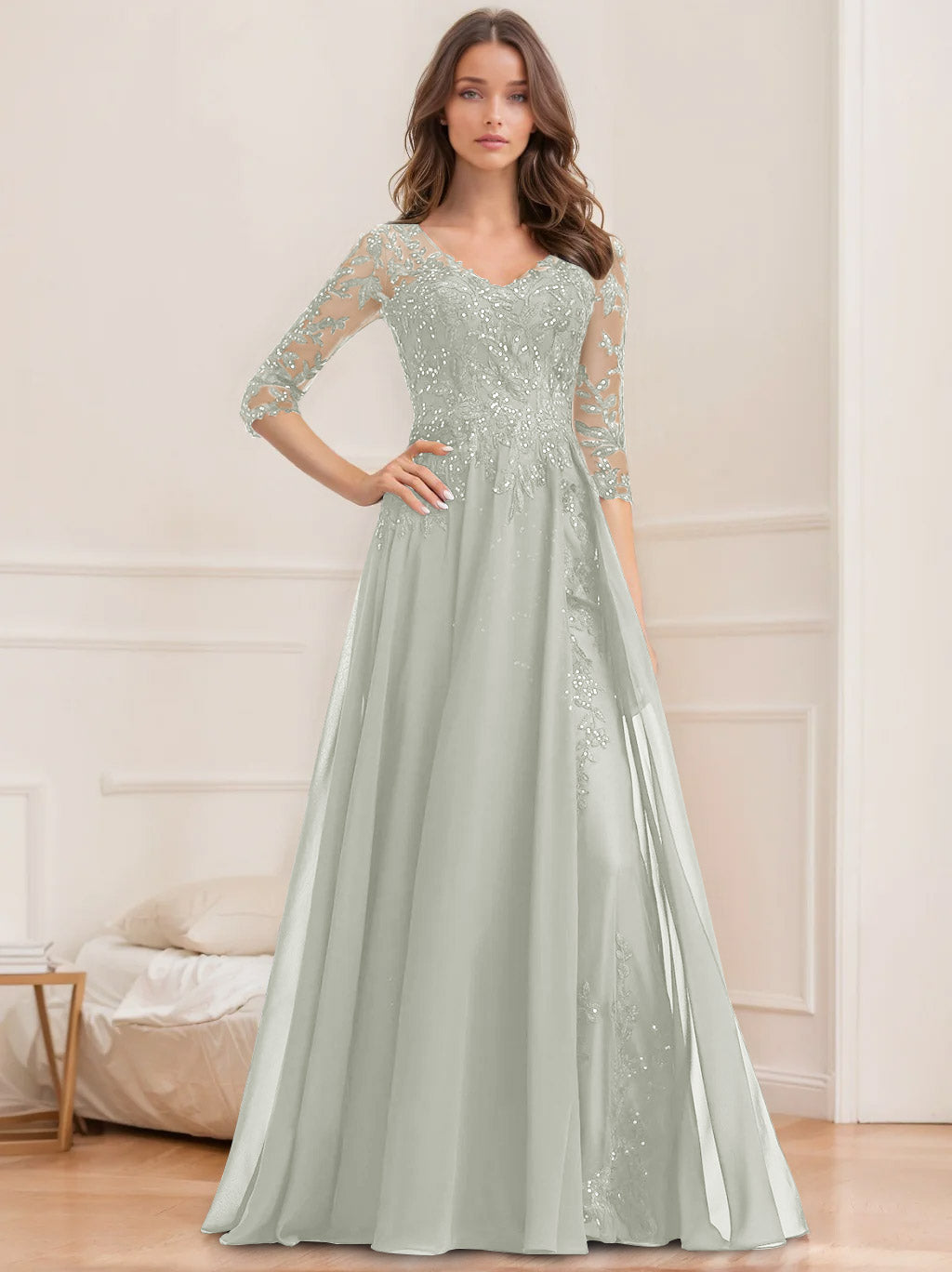 Long V Neck A Line Mother of the Bride Dress with Half Sleeves and Sequins