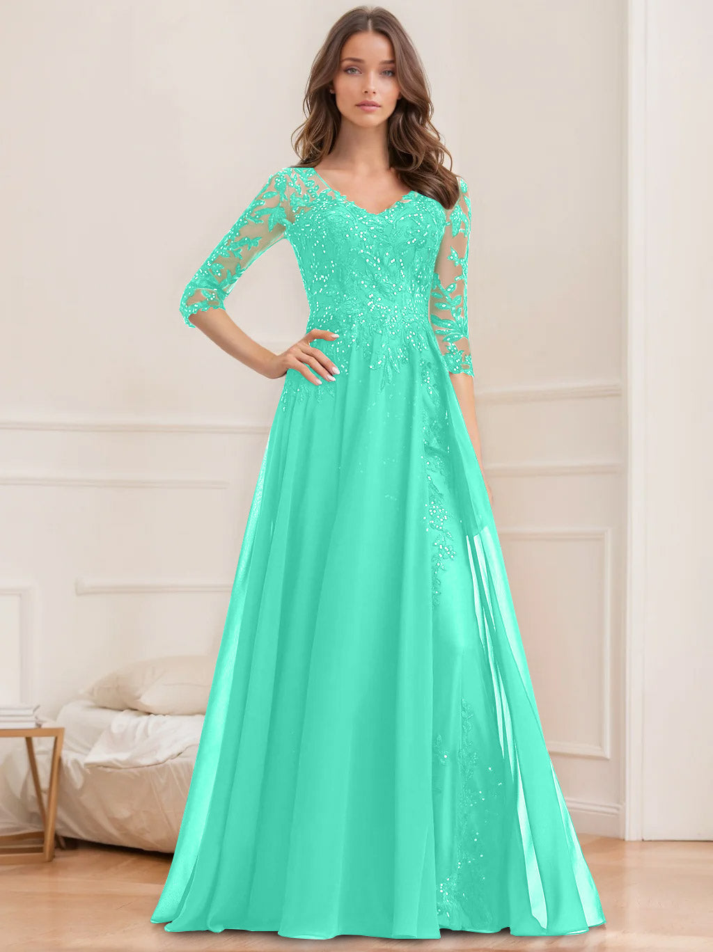 Long V Neck A Line Mother of the Bride Dress with Half Sleeves and Sequins