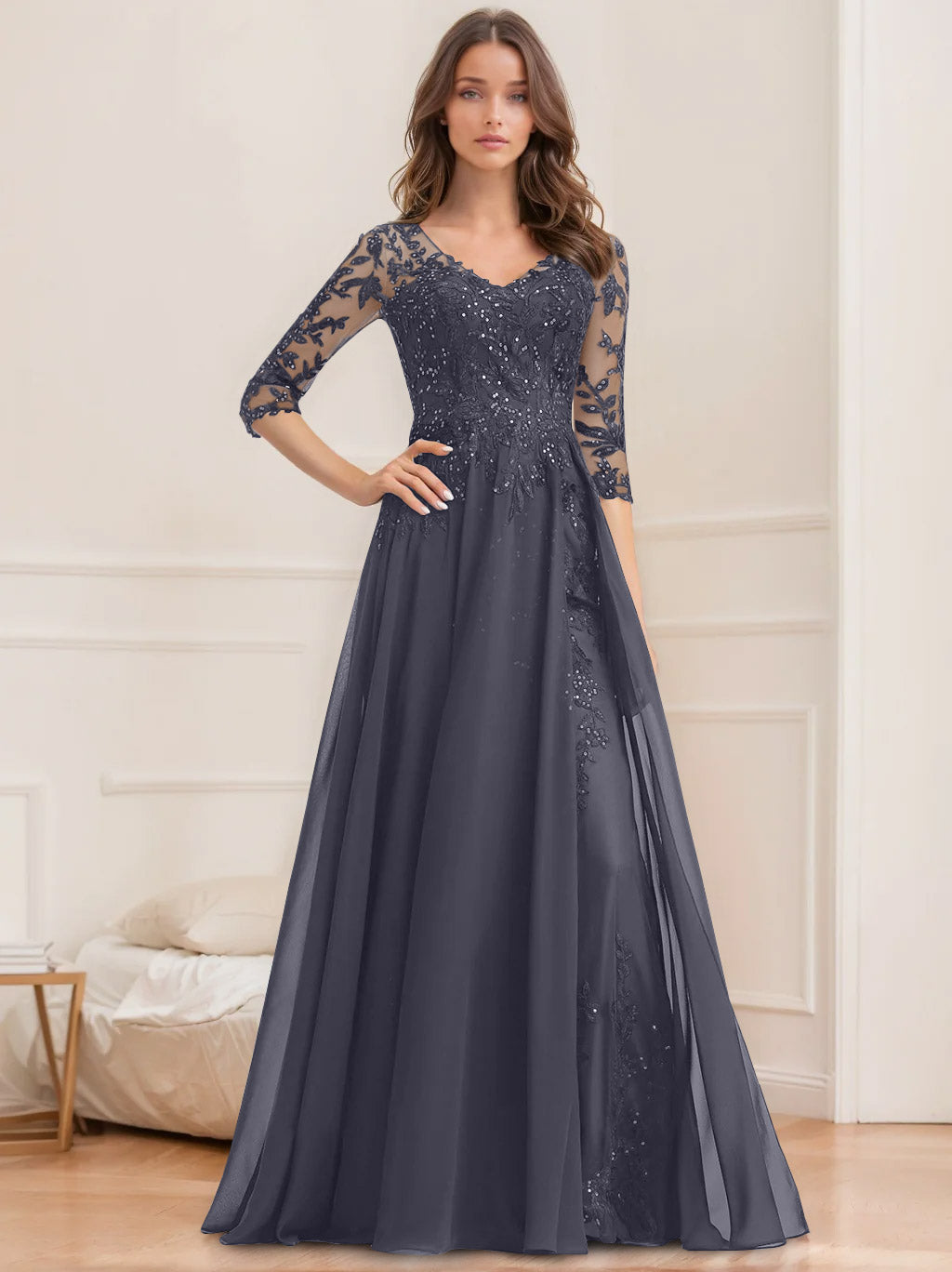 Long V Neck A Line Mother of the Bride Dress with Half Sleeves and Sequins