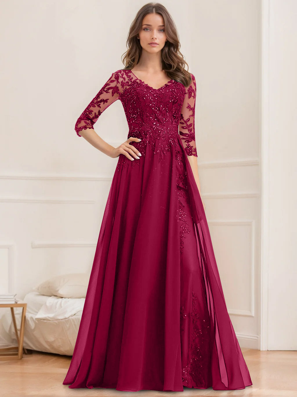Long V Neck A Line Mother of the Bride Dress with Half Sleeves and Sequins