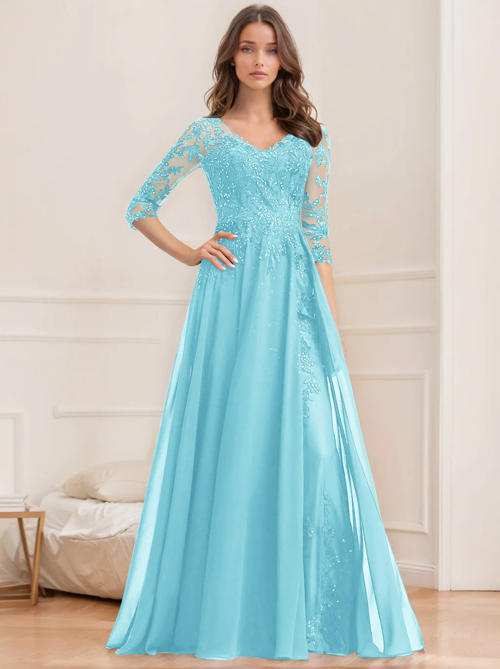 Long V Neck A Line Mother of the Bride Dress with Half Sleeves and Sequins