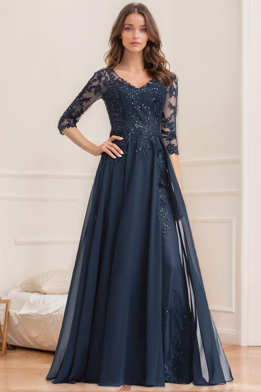 Long V Neck A Line Mother of the Bride Dress with Half Sleeves and Sequins
