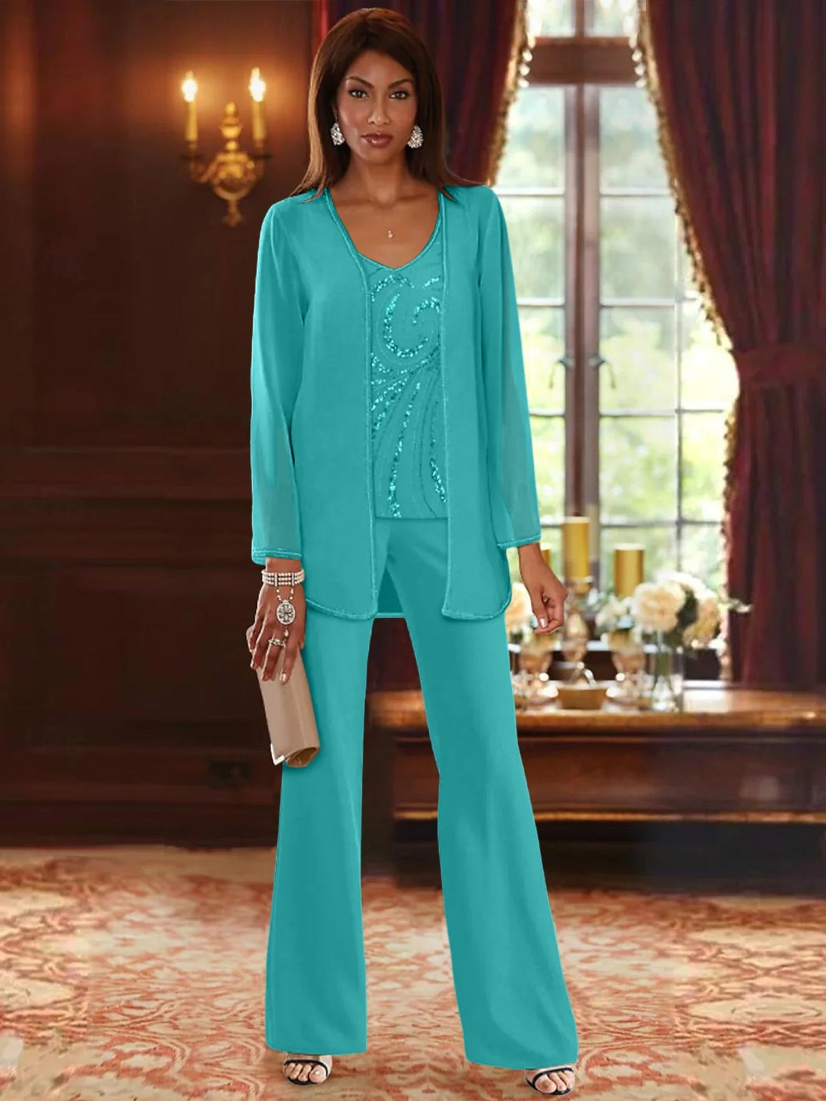 Long V Neck Chiffon Pantsuits with Jacket & Sequins for the Mother of the Bride
