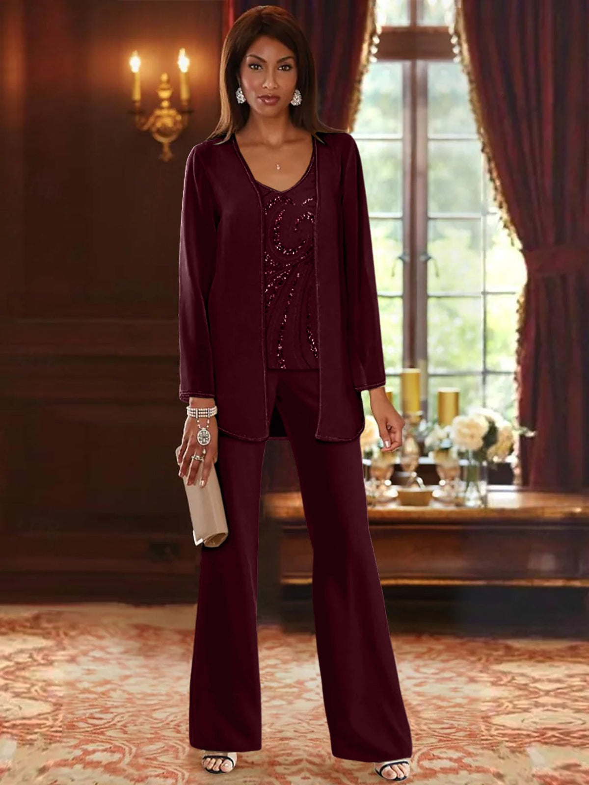 Long V Neck Chiffon Pantsuits with Jacket & Sequins for the Mother of the Bride