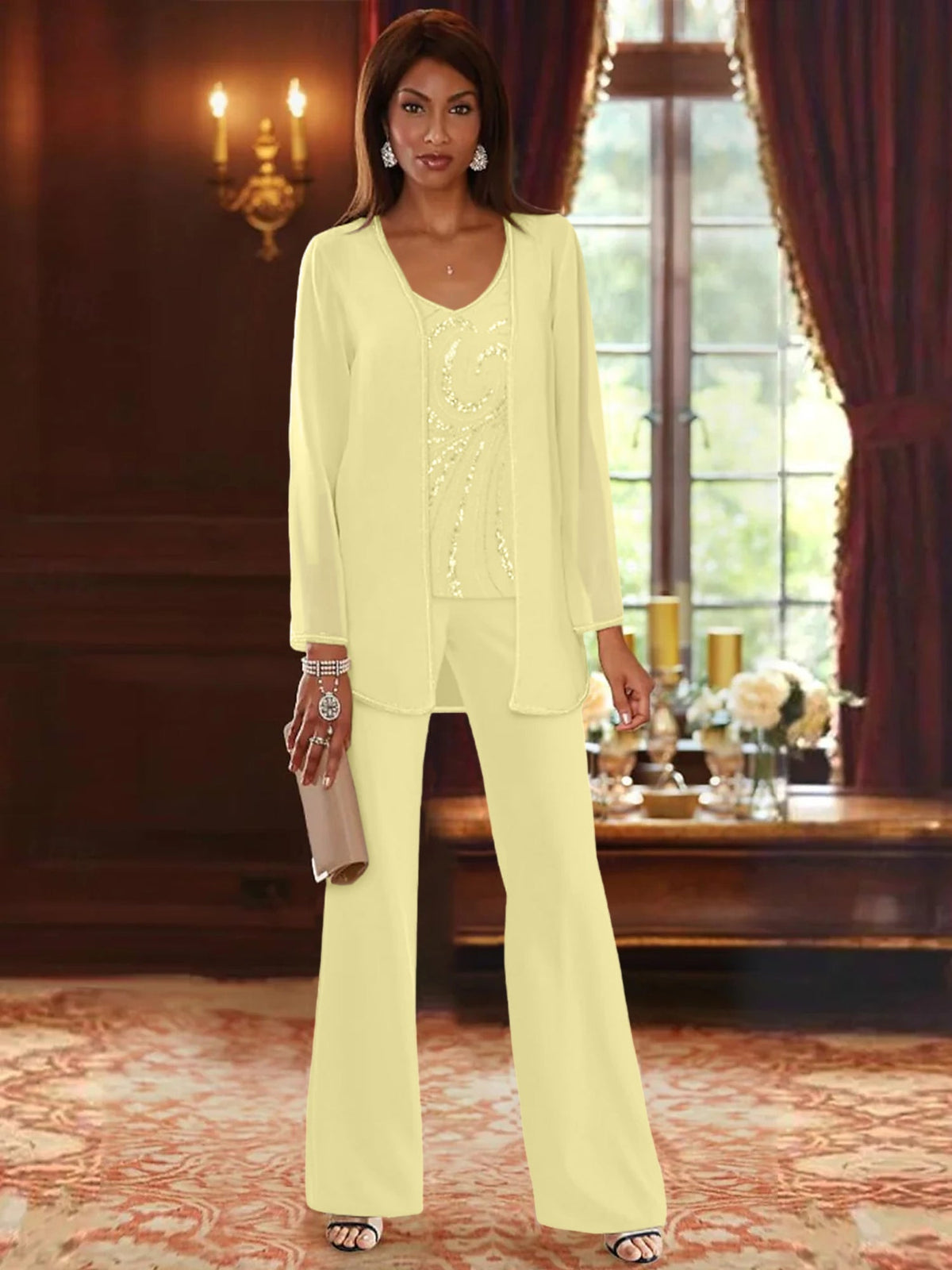 Long V Neck Chiffon Pantsuits with Jacket & Sequins for the Mother of the Bride