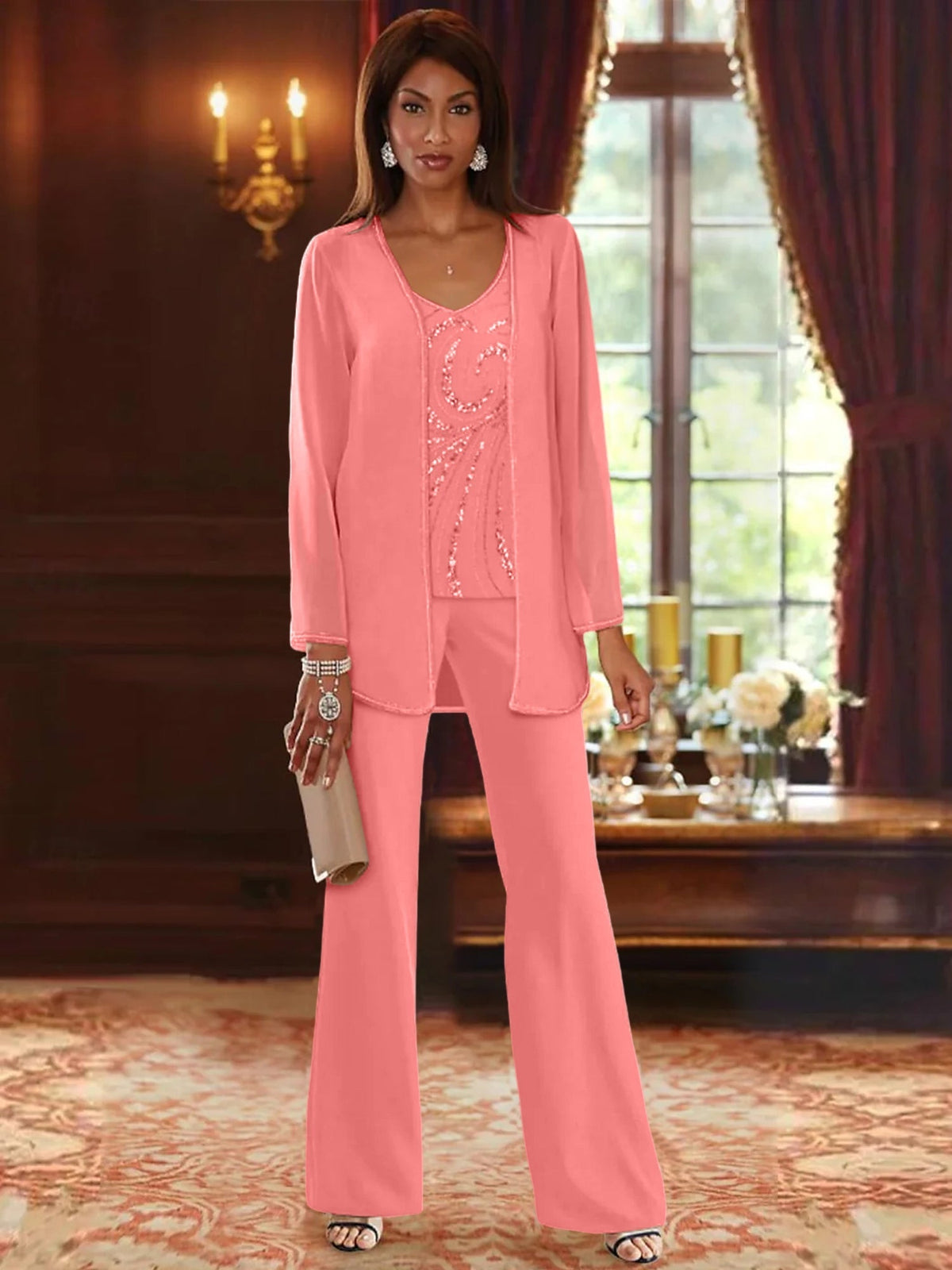 Long V Neck Chiffon Pantsuits with Jacket & Sequins for the Mother of the Bride