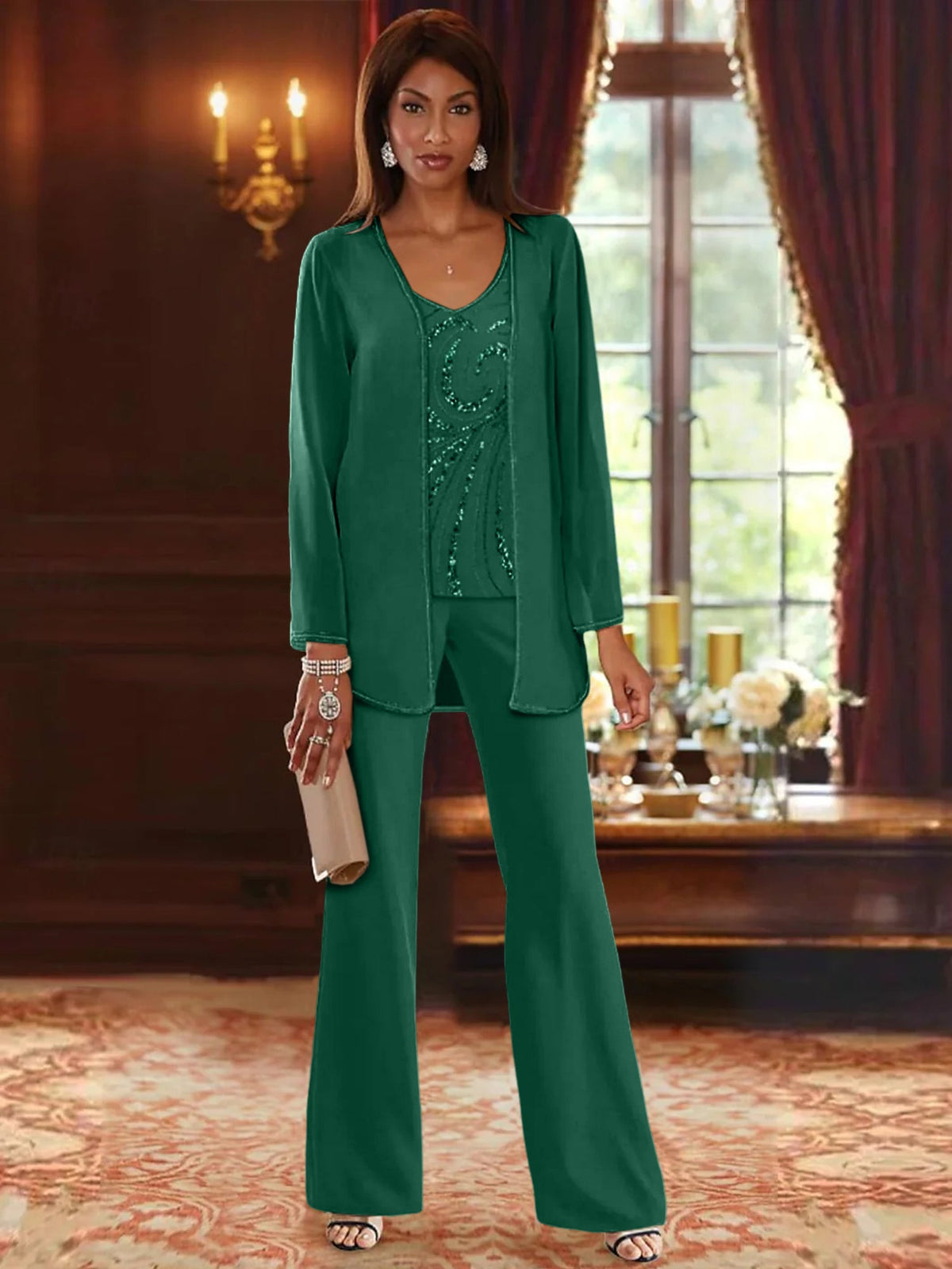 Long V Neck Chiffon Pantsuits with Jacket & Sequins for the Mother of the Bride
