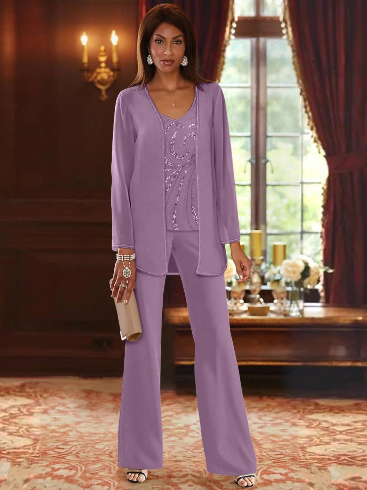 Long V Neck Chiffon Pantsuits with Jacket & Sequins for the Mother of the Bride