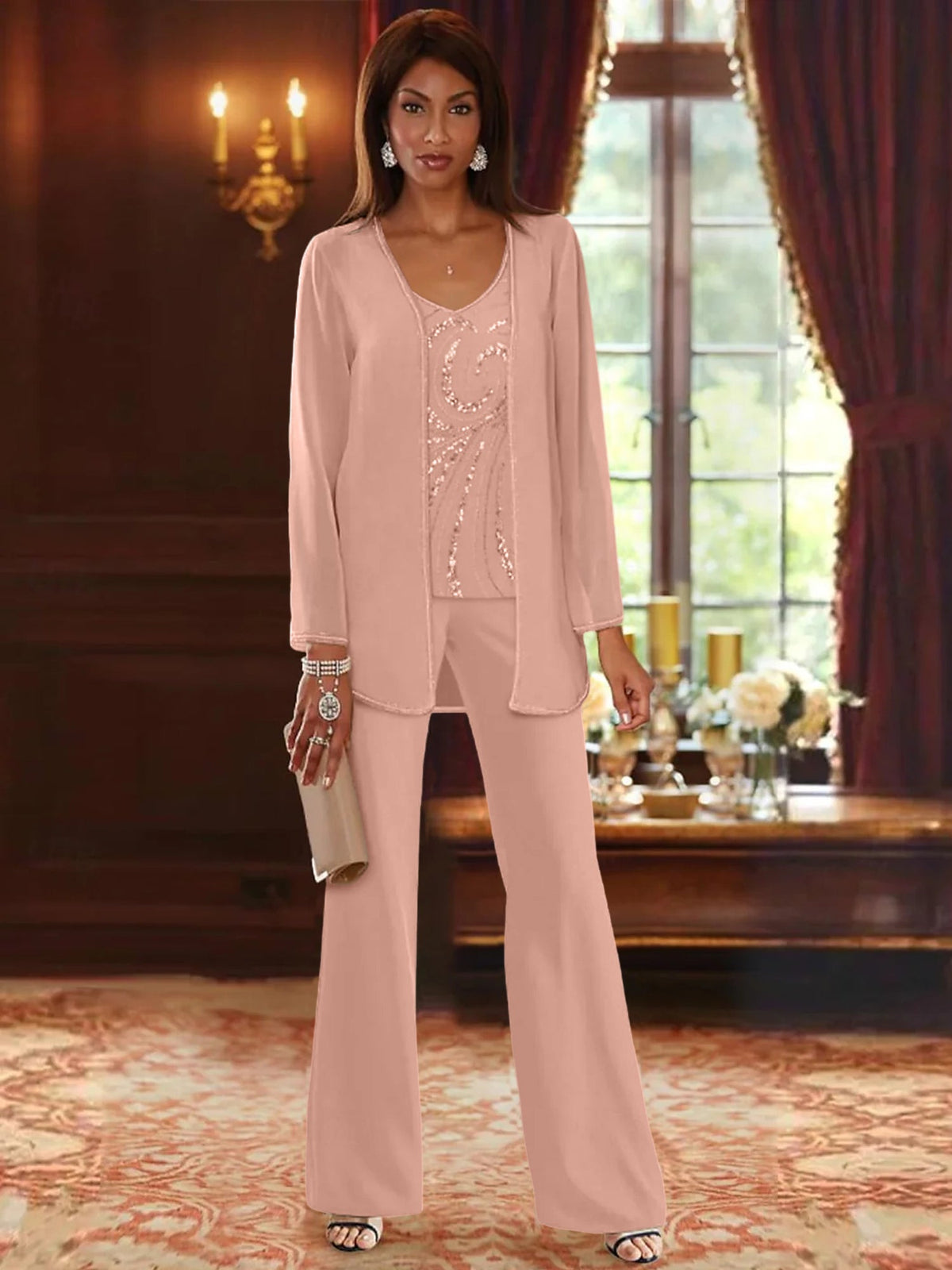 Long V Neck Chiffon Pantsuits with Jacket & Sequins for the Mother of the Bride