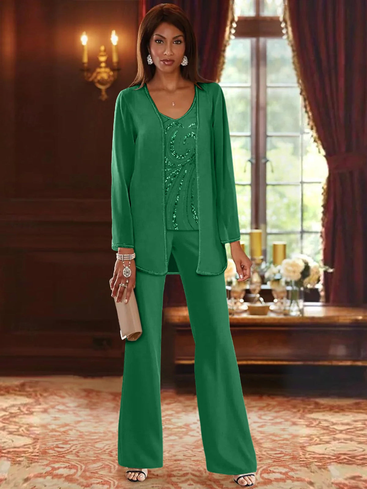 Long V Neck Chiffon Pantsuits with Jacket & Sequins for the Mother of the Bride