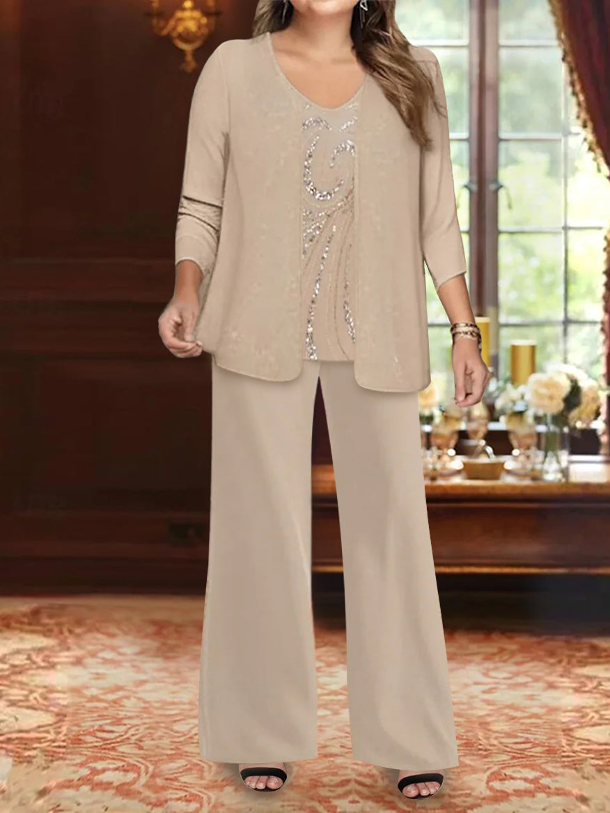 Long V Neck Chiffon Pantsuits with Jacket & Sequins for the Mother of the Bride