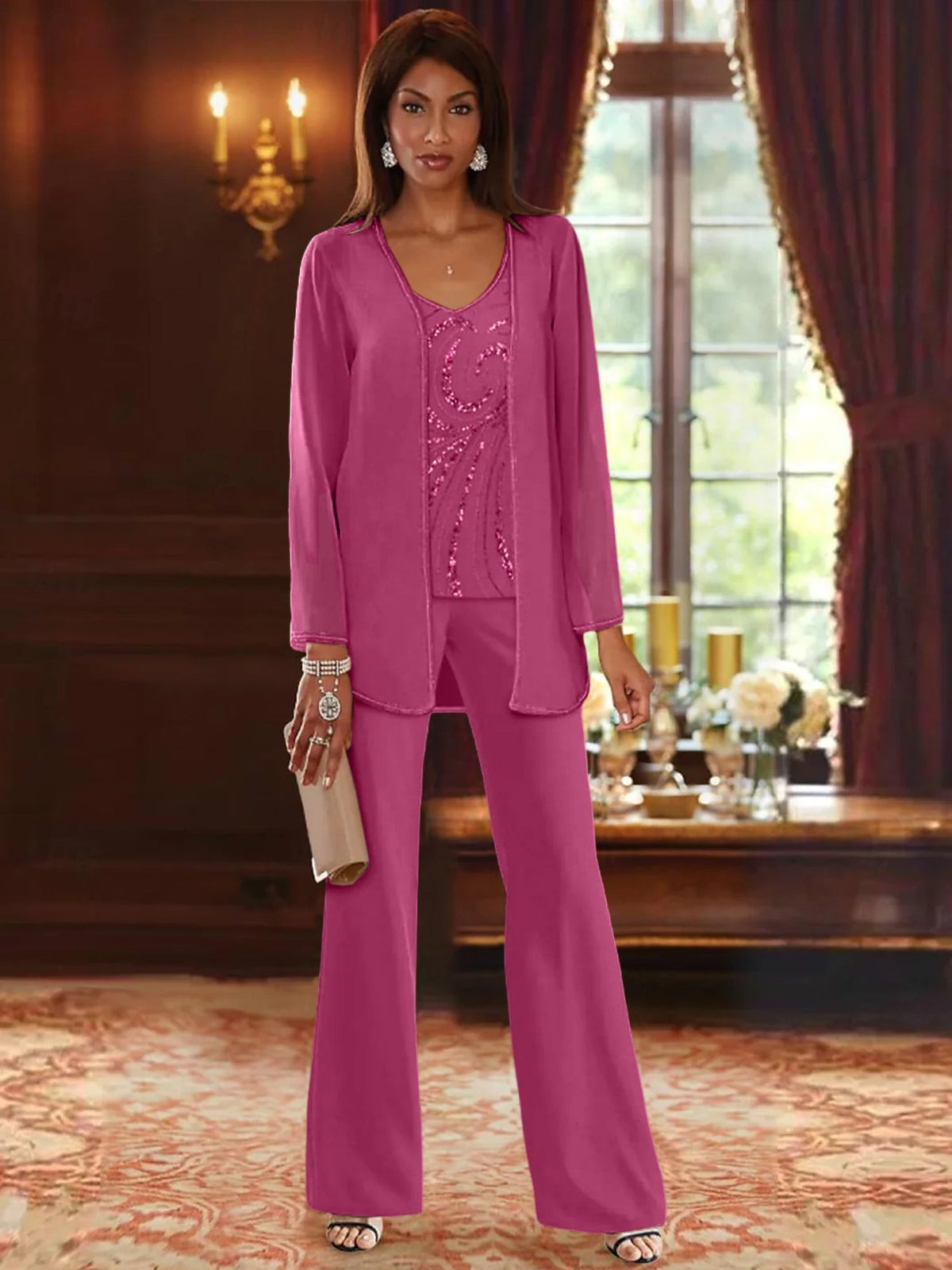 Long V Neck Chiffon Pantsuits with Jacket & Sequins for the Mother of the Bride