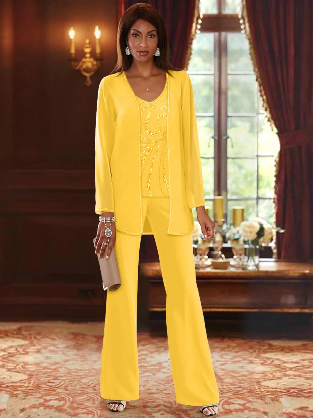 Long V Neck Chiffon Pantsuits with Jacket & Sequins for the Mother of the Bride