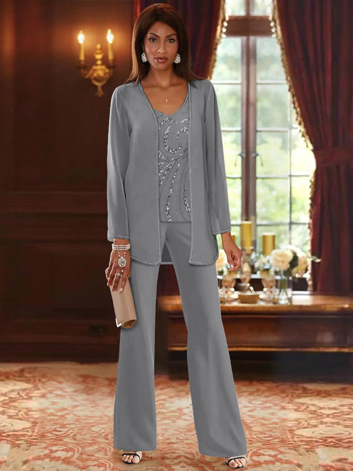 Long V Neck Chiffon Pantsuits with Jacket & Sequins for the Mother of the Bride