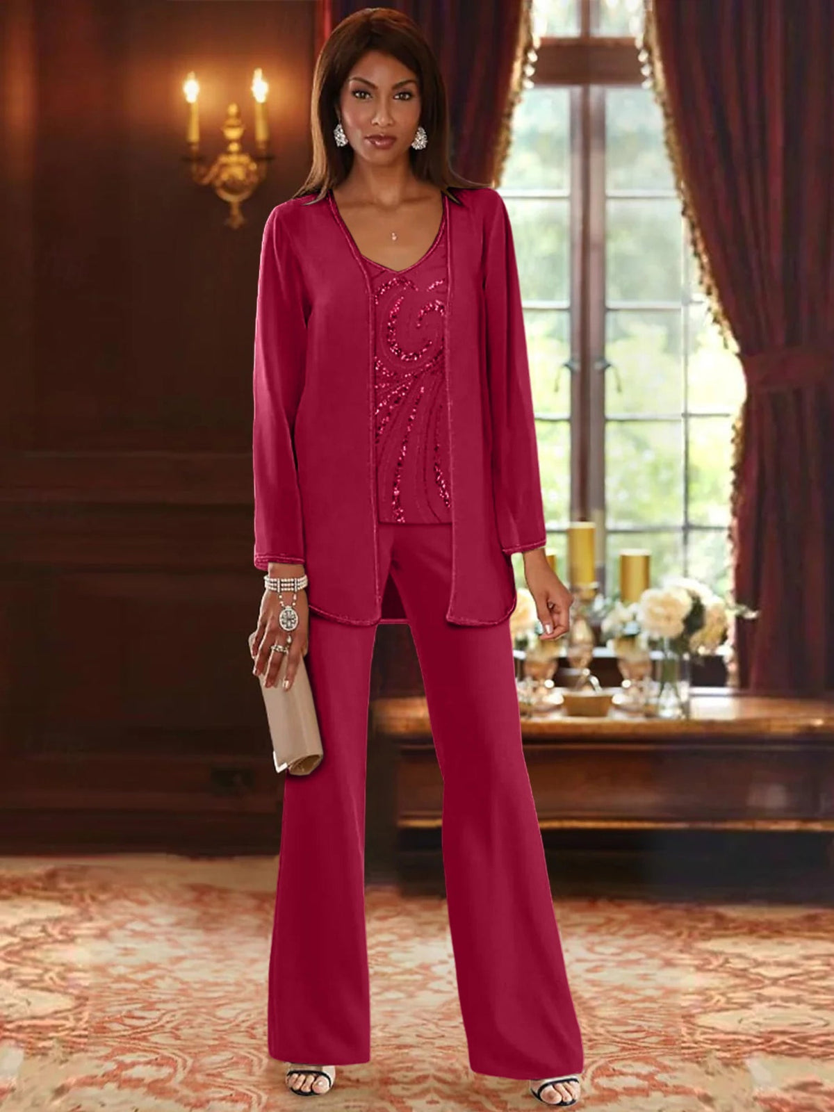 Long V Neck Chiffon Pantsuits with Jacket & Sequins for the Mother of the Bride