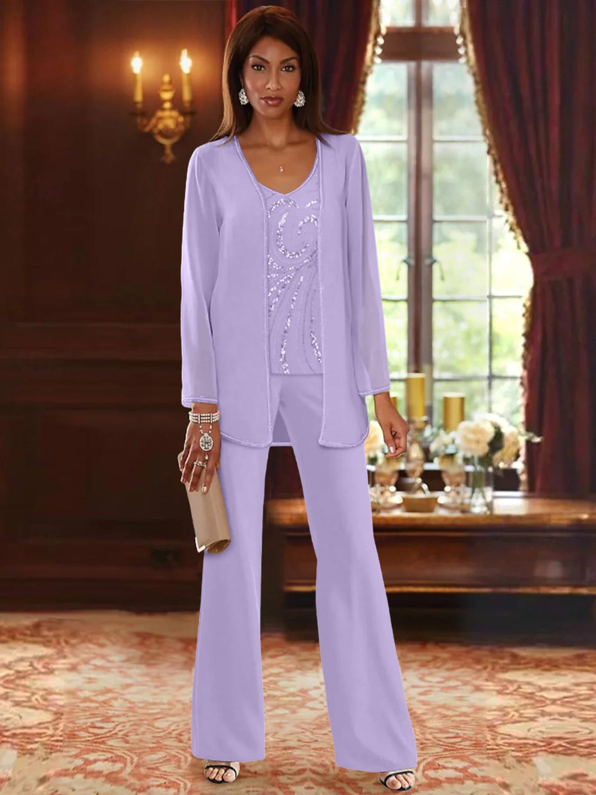 Long V Neck Chiffon Pantsuits with Jacket & Sequins for the Mother of the Bride