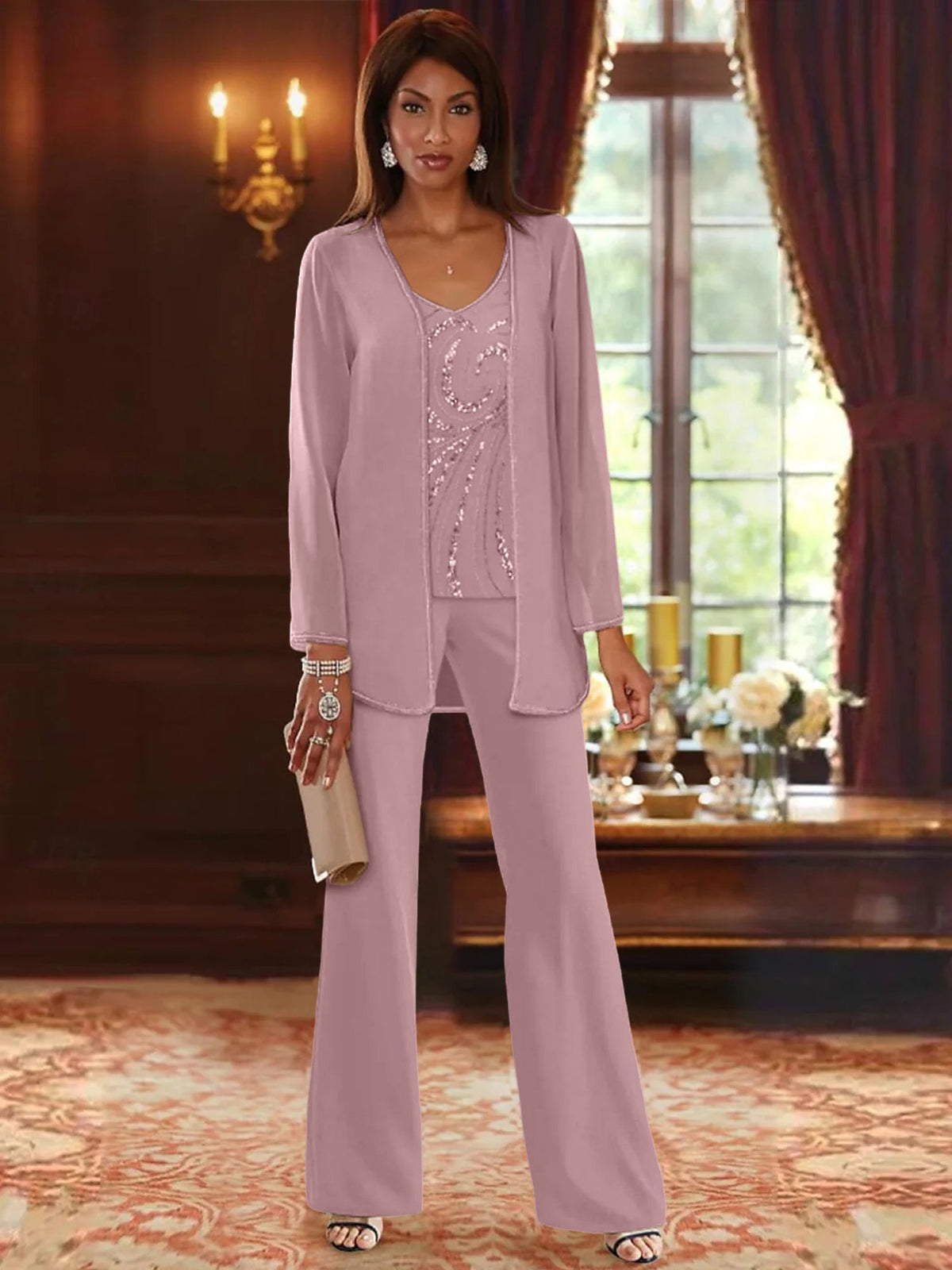 Long V Neck Chiffon Pantsuits with Jacket & Sequins for the Mother of the Bride