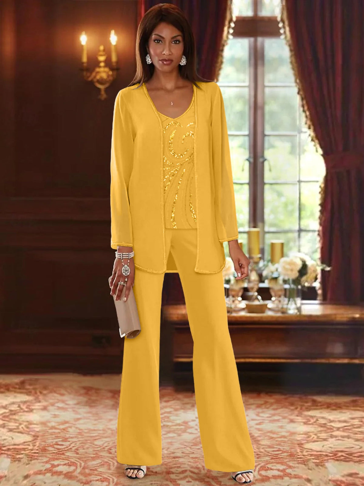 Long V Neck Chiffon Pantsuits with Jacket & Sequins for the Mother of the Bride