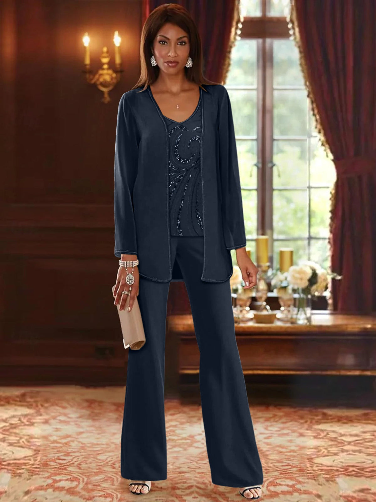 Long V Neck Chiffon Pantsuits with Jacket & Sequins for the Mother of the Bride