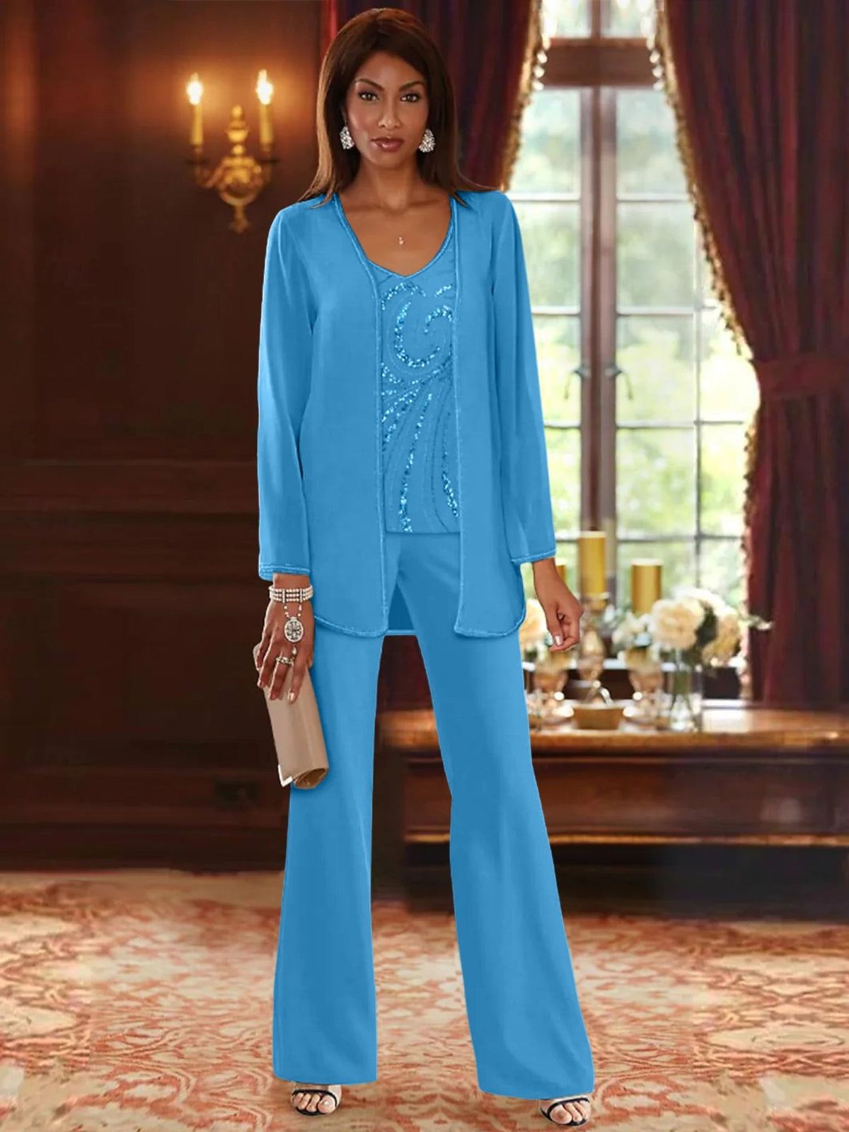 Long V Neck Chiffon Pantsuits with Jacket & Sequins for the Mother of the Bride