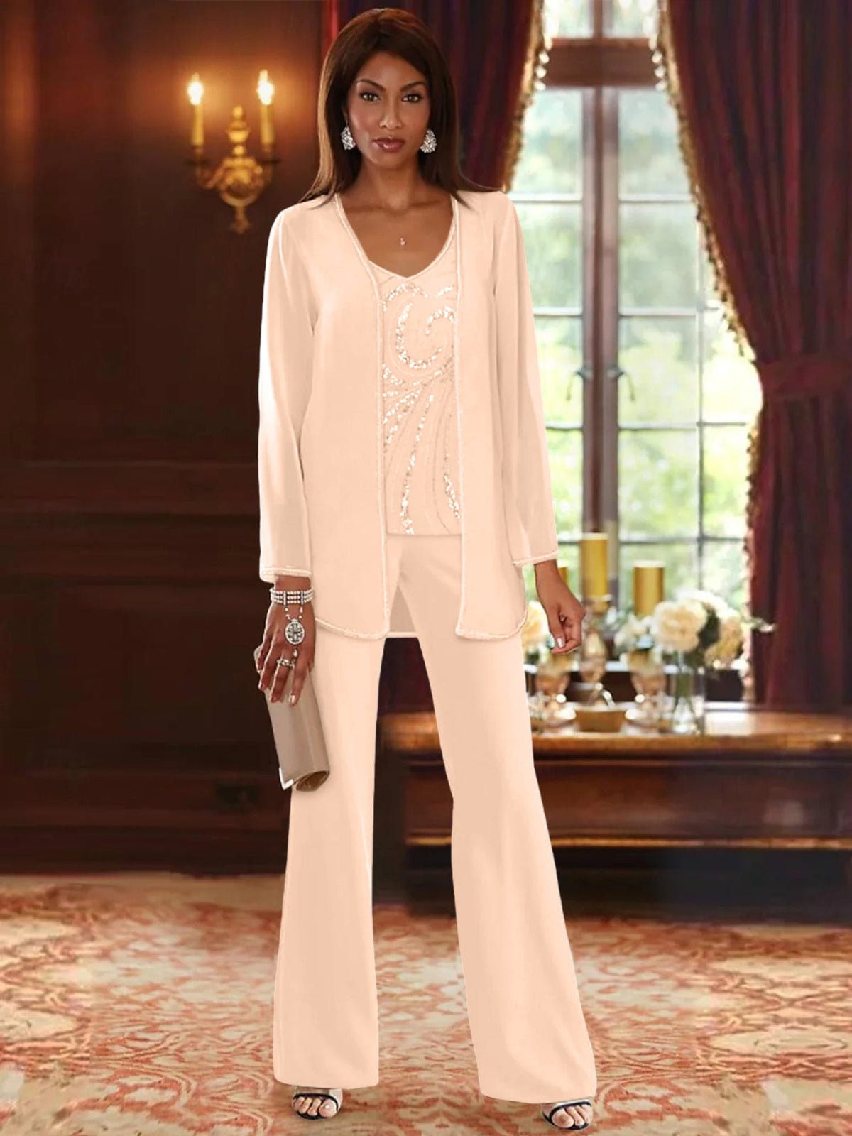 Long V Neck Chiffon Pantsuits with Jacket & Sequins for the Mother of the Bride
