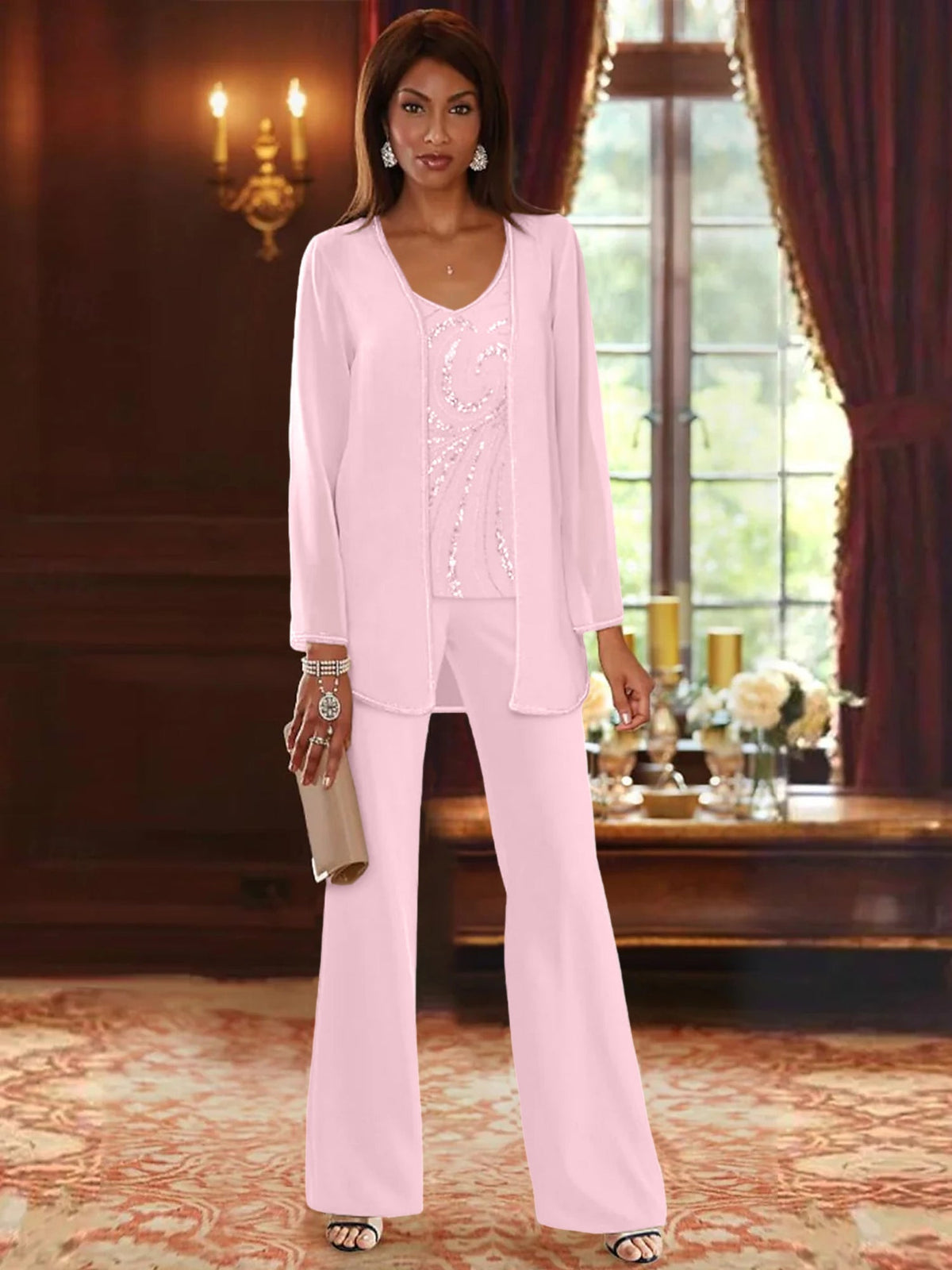 Long V Neck Chiffon Pantsuits with Jacket & Sequins for the Mother of the Bride