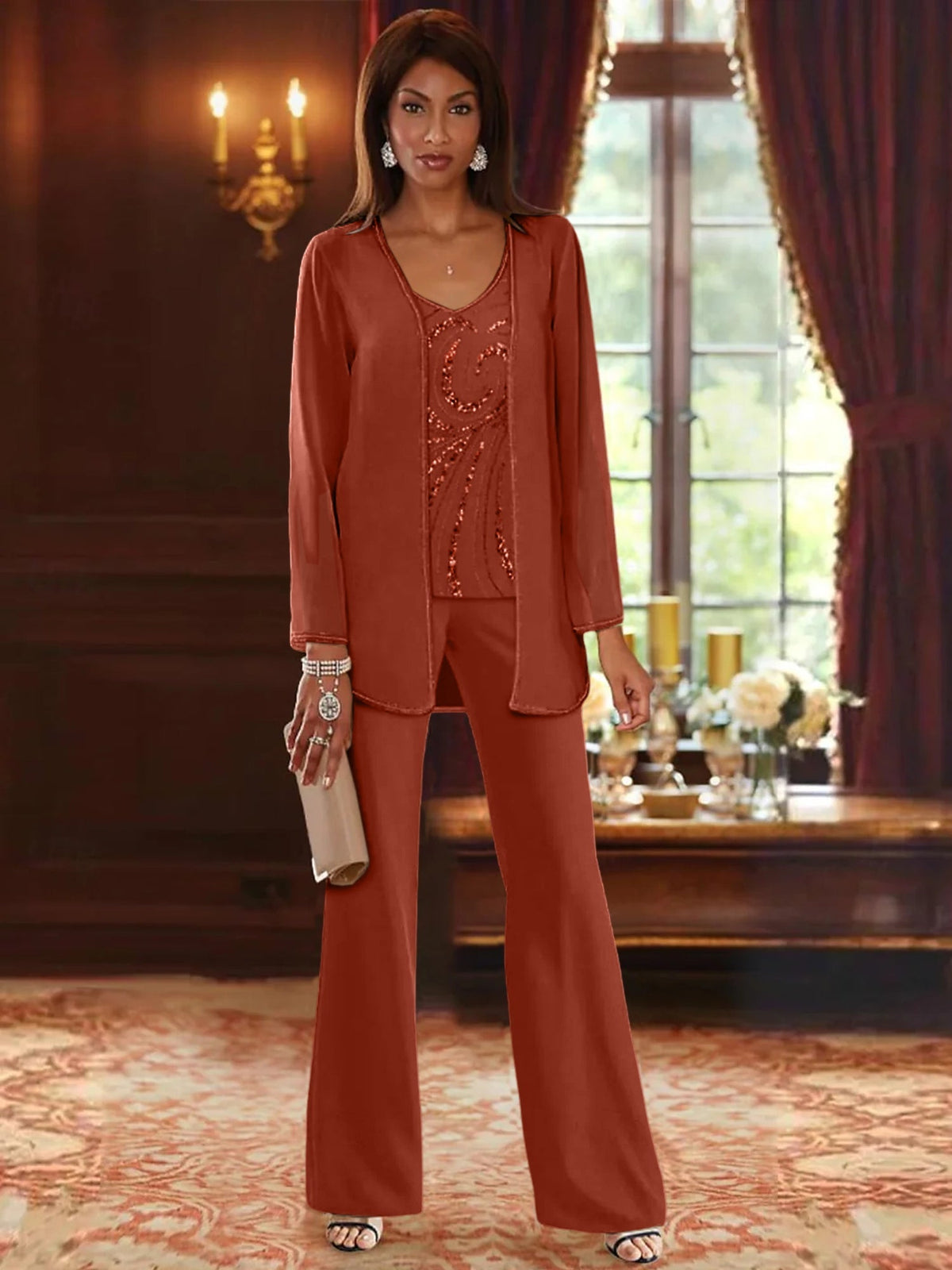 Long V Neck Chiffon Pantsuits with Jacket & Sequins for the Mother of the Bride