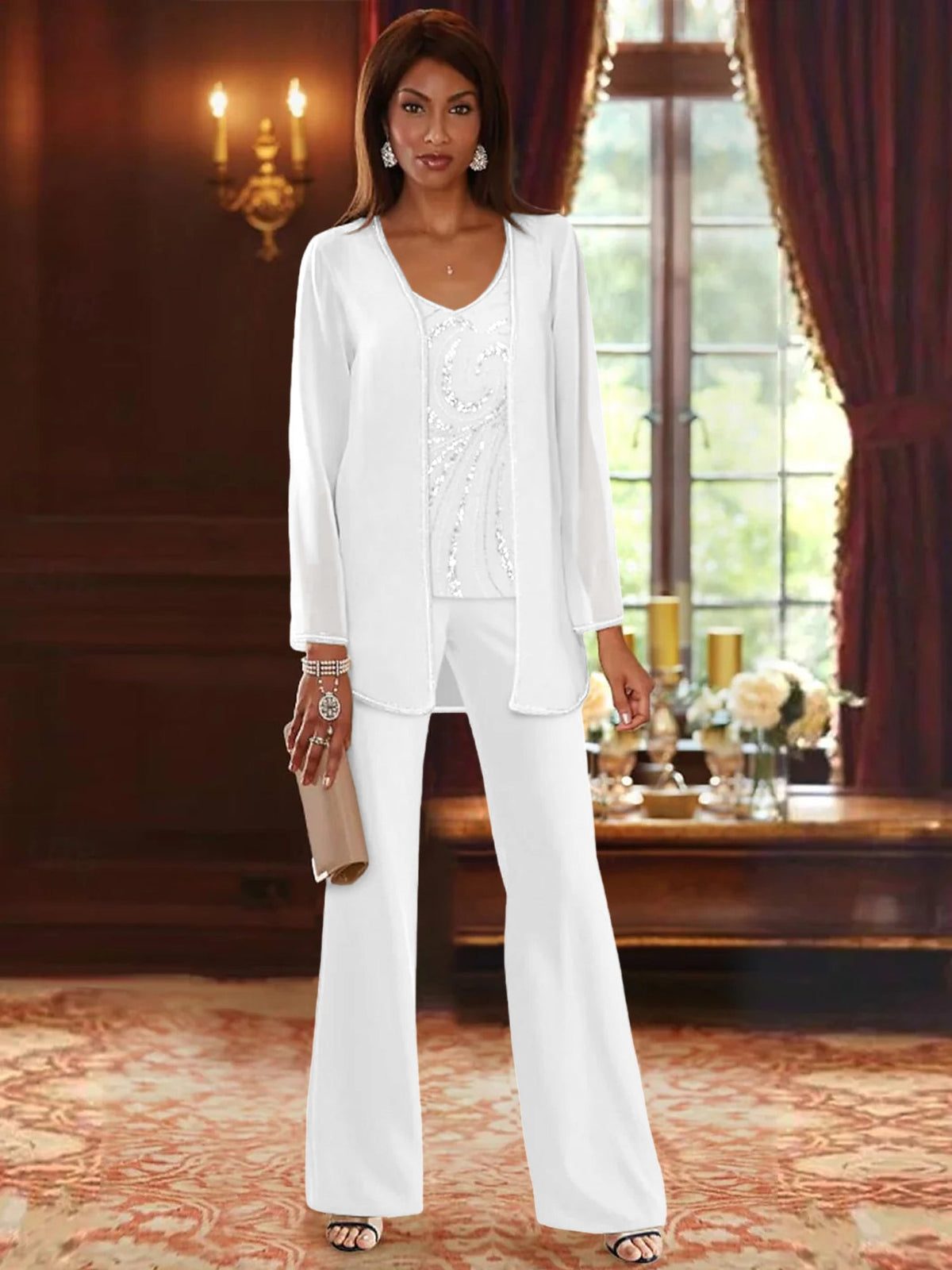 Long V Neck Chiffon Pantsuits with Jacket & Sequins for the Mother of the Bride
