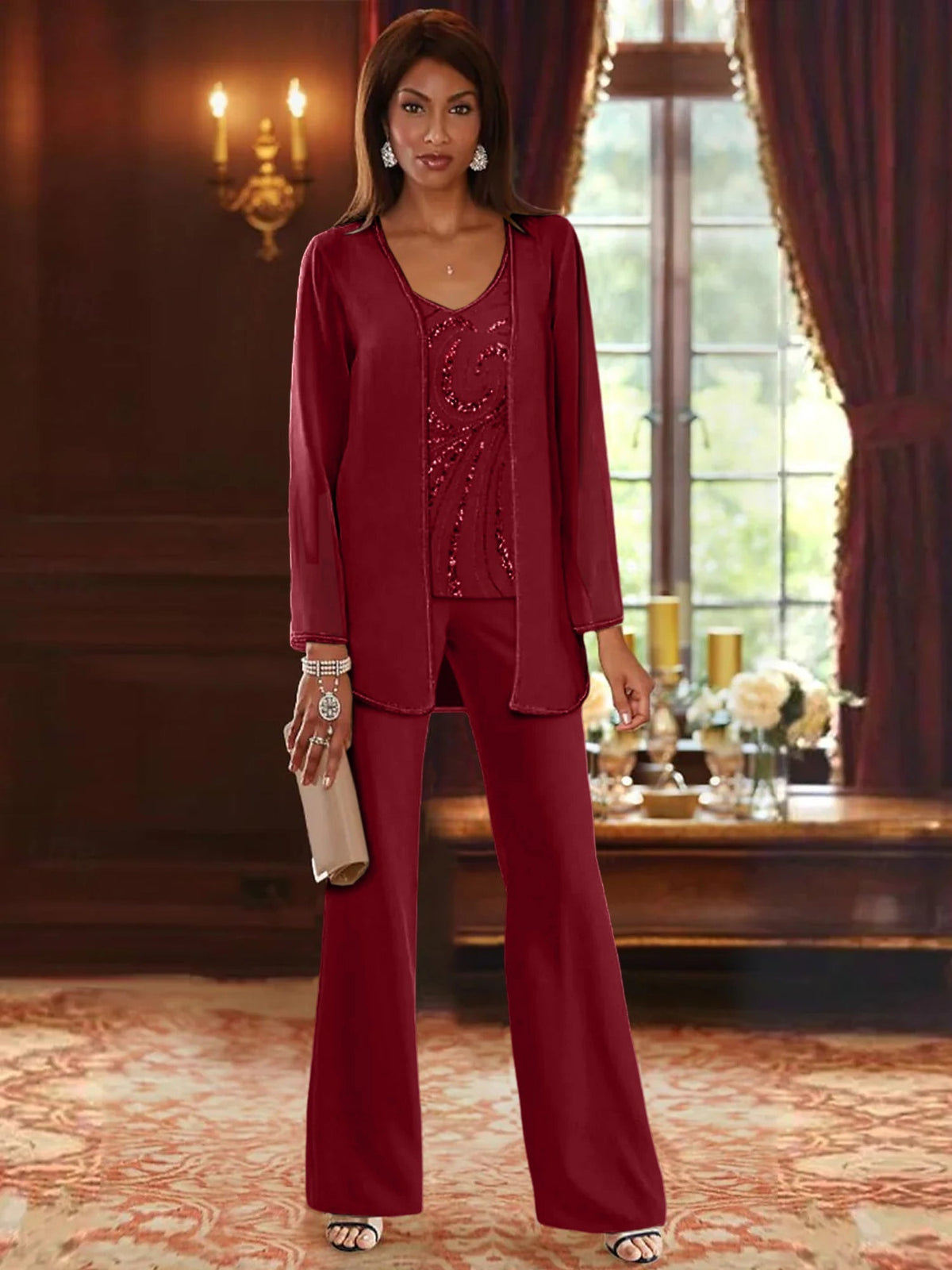 Long V Neck Chiffon Pantsuits with Jacket & Sequins for the Mother of the Bride