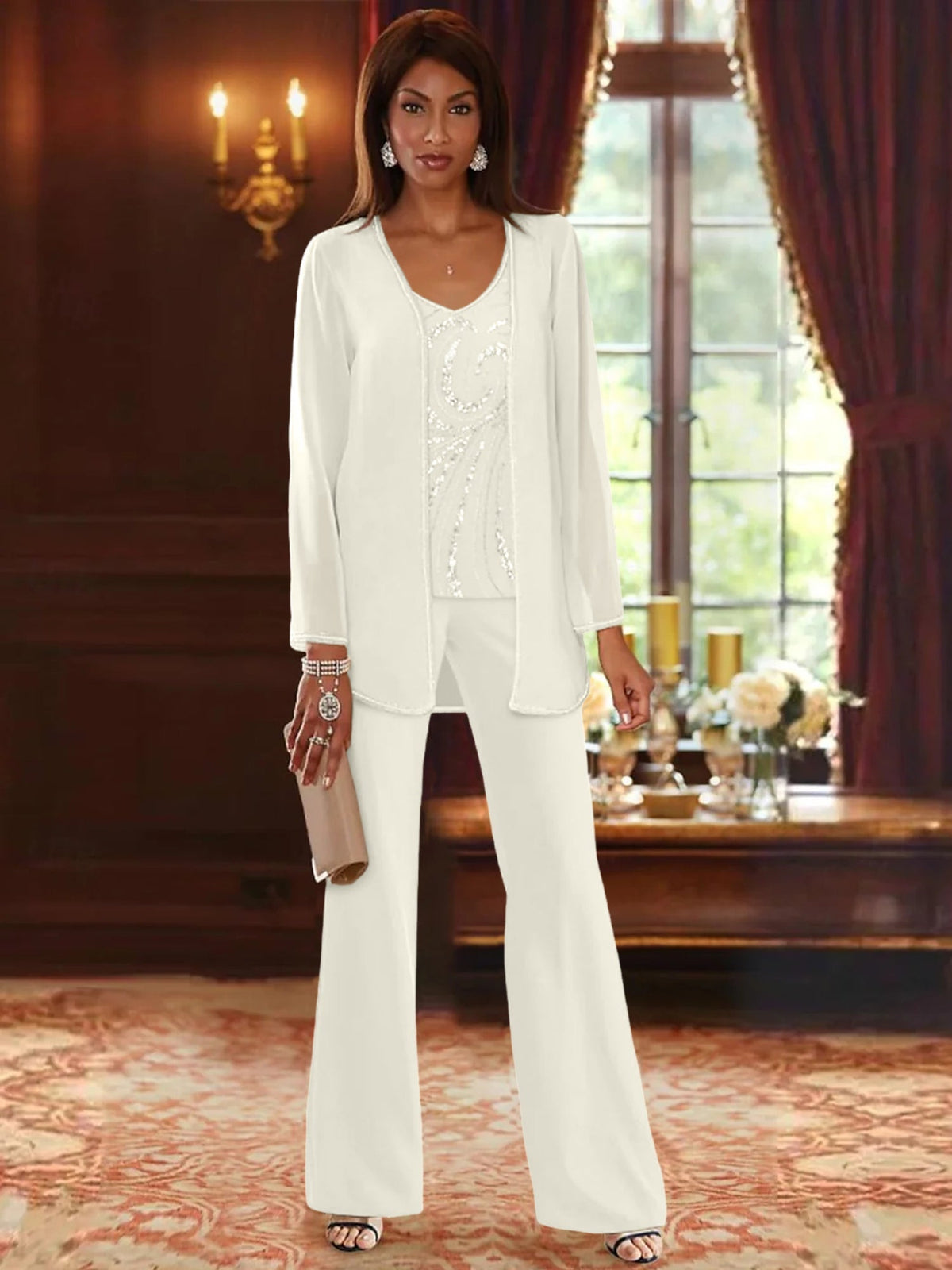 Long V Neck Chiffon Pantsuits with Jacket & Sequins for the Mother of the Bride