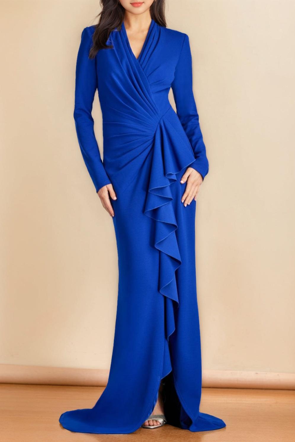 Long V Neck Trumpet Mother of the Bride Dress with Mermaid Silhouette and Side Split