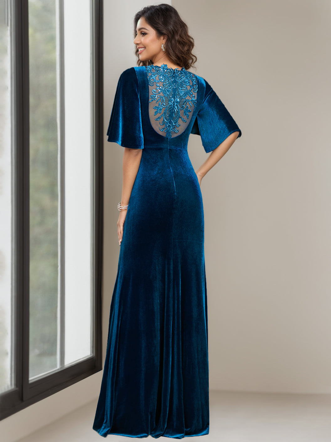 Long Velvet Mother of the Bride Dress with Scoop Neck Half Sleeves and Beaded Appliques & Sequins
