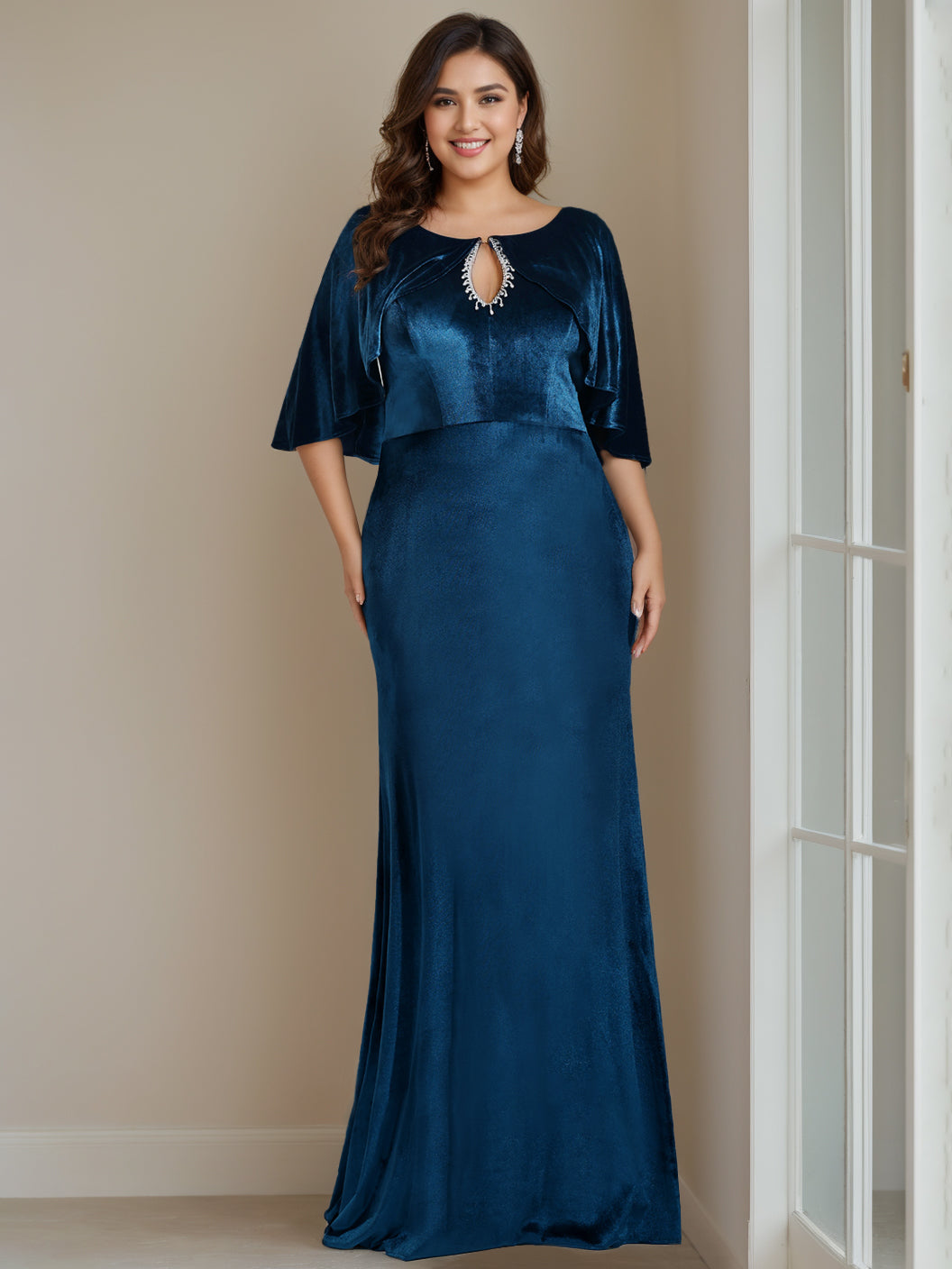 Long Velvet Mother of the Bride Dress with Scoop Neck Half Sleeves and Beaded Appliques & Sequins