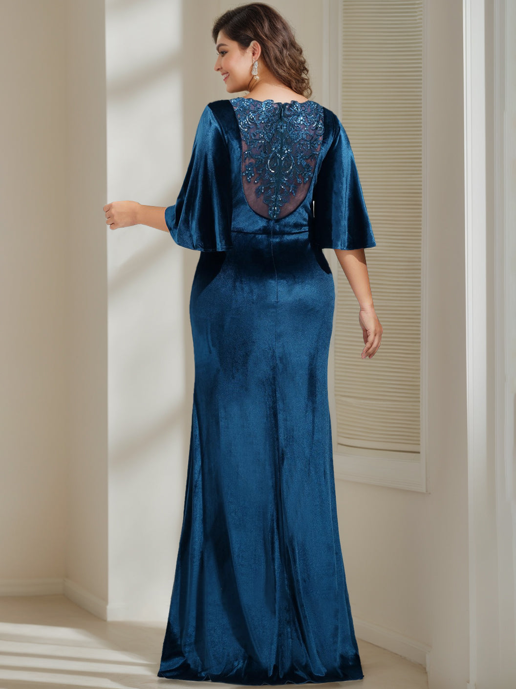 Long Velvet Mother of the Bride Dress with Scoop Neck Half Sleeves and Beaded Appliques & Sequins
