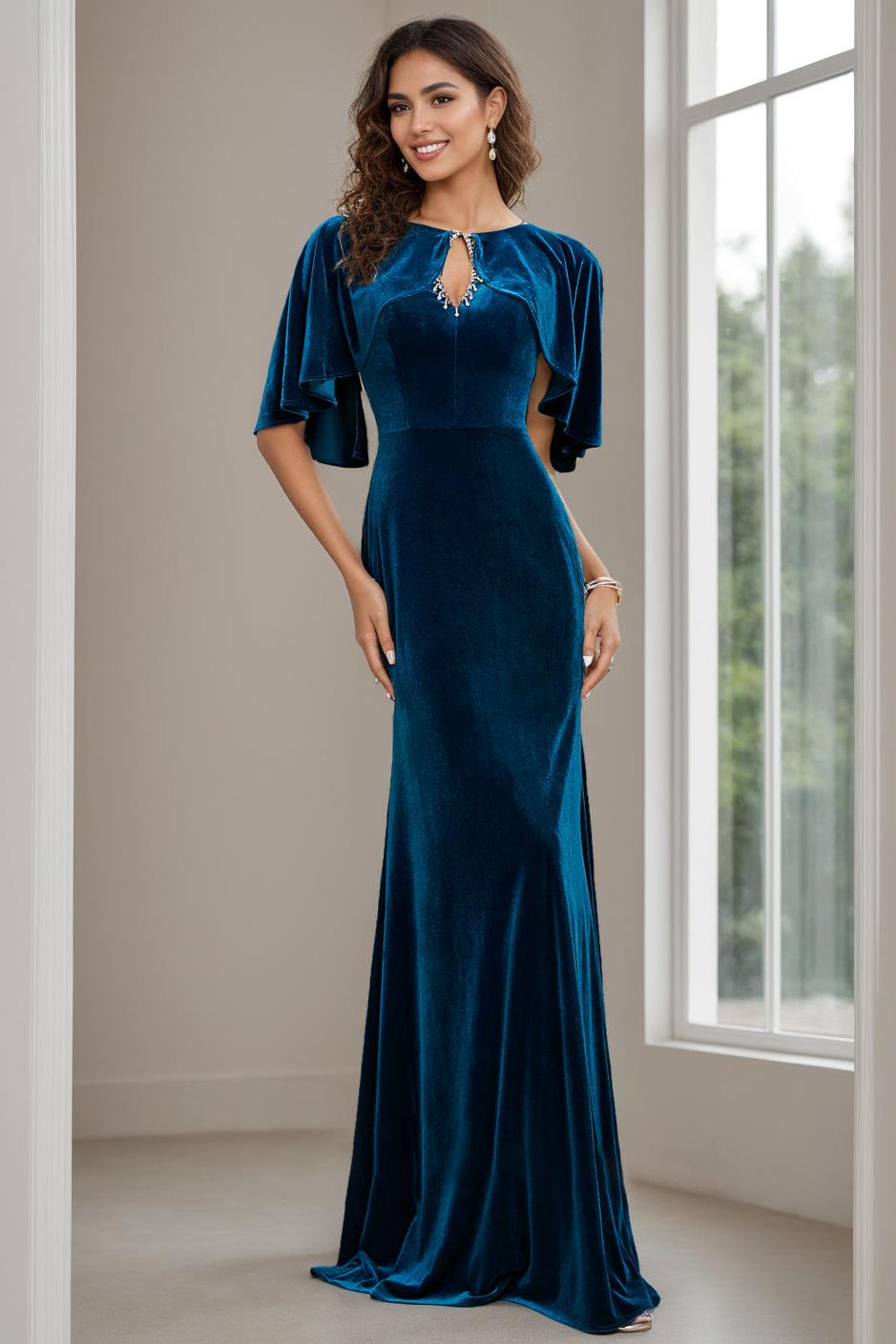 Long Velvet Mother of the Bride Dress with Scoop Neck Half Sleeves and Beaded Appliques & Sequins