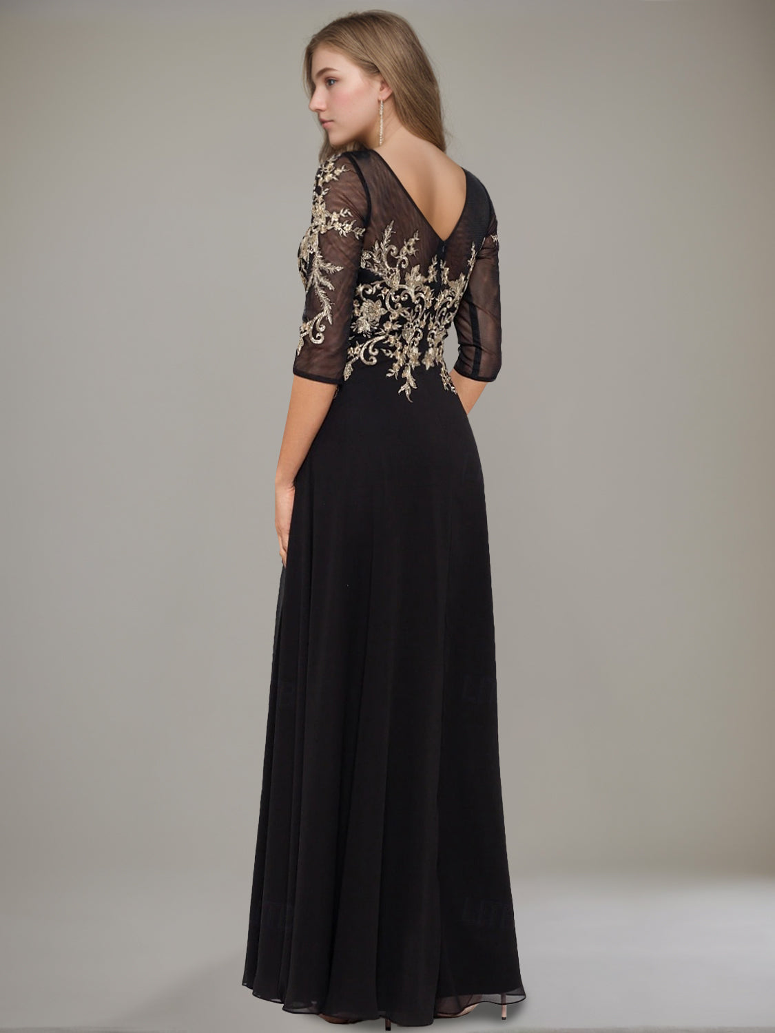 Long A line Gown with Jewel Neckline and Lace Ruffle Details