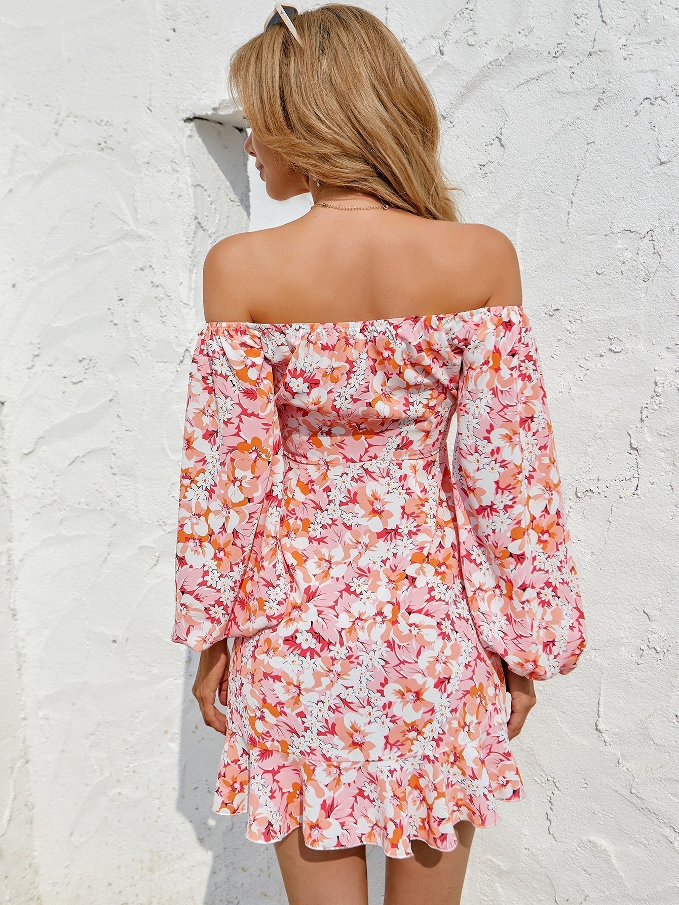Flora print sexy V neck skirt irregular Ruffle Skirt Shoulder off dress