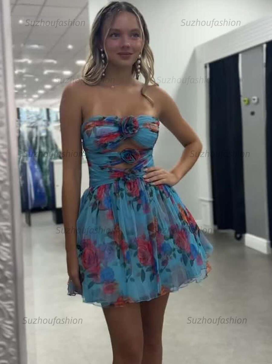 Suzhoufashion Floral A Line Ruched Strapless Short Homecoming Dress