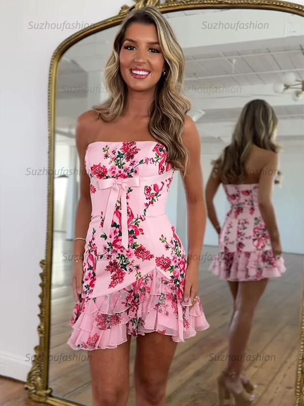 Suzhoufashion Floral Bodycon Strapless Short Ruffled Homecoming Dress with Bow