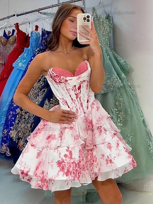 Suzhoufashion Floral Corset Chiffon Sweetheart Short Homecoming Dress