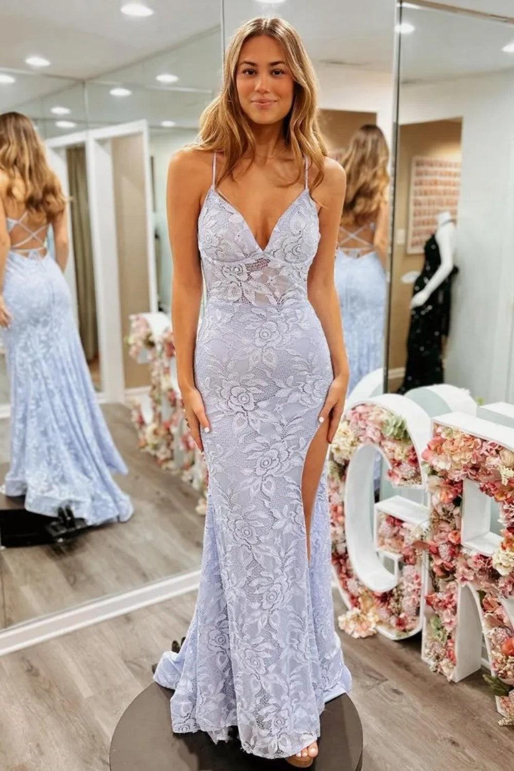 Suzhoufashion Floral Lavender Lace Spaghetti Straps Lace Up Prom Gown With Slit Formal Evening Gown