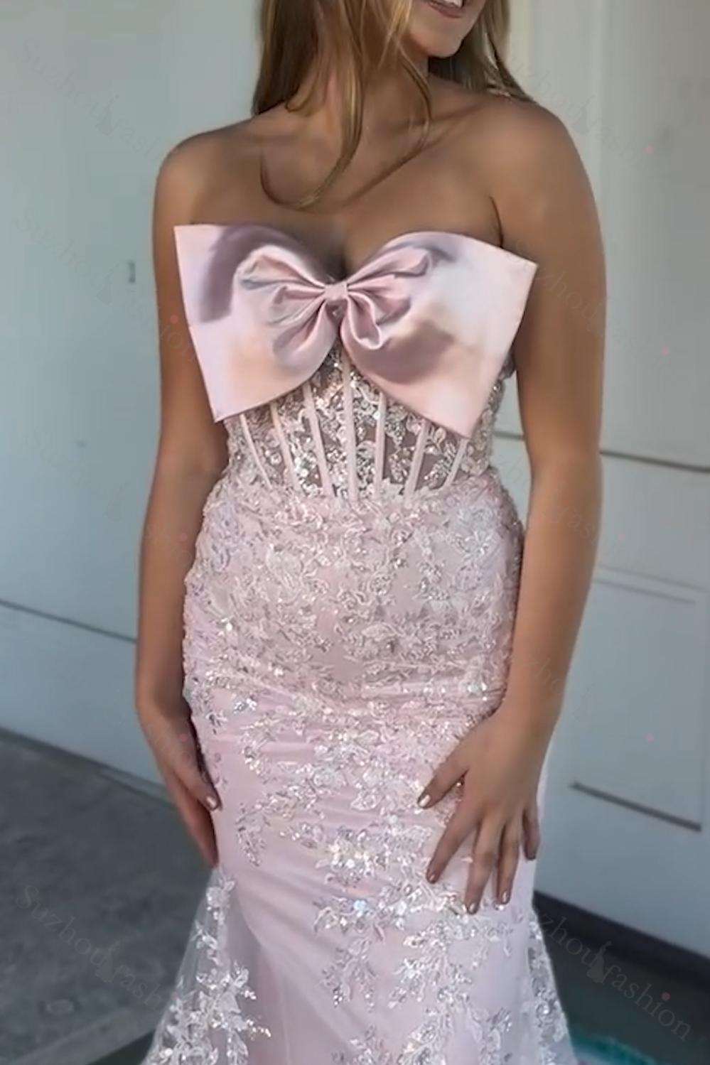 Floral Mermaid Sky Blue Prom Dress Strapless Long Formal Dress With Bow