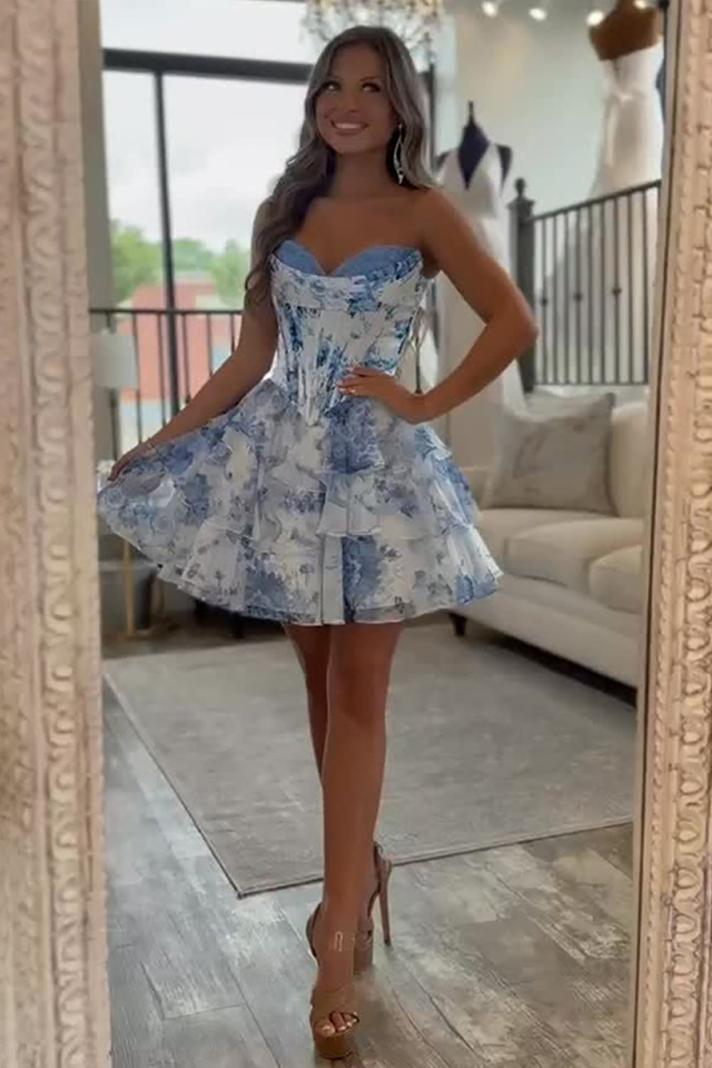 Floral Pink Corset A Line Homecoming Dresses Short Cocktail Dresses With Ruffles