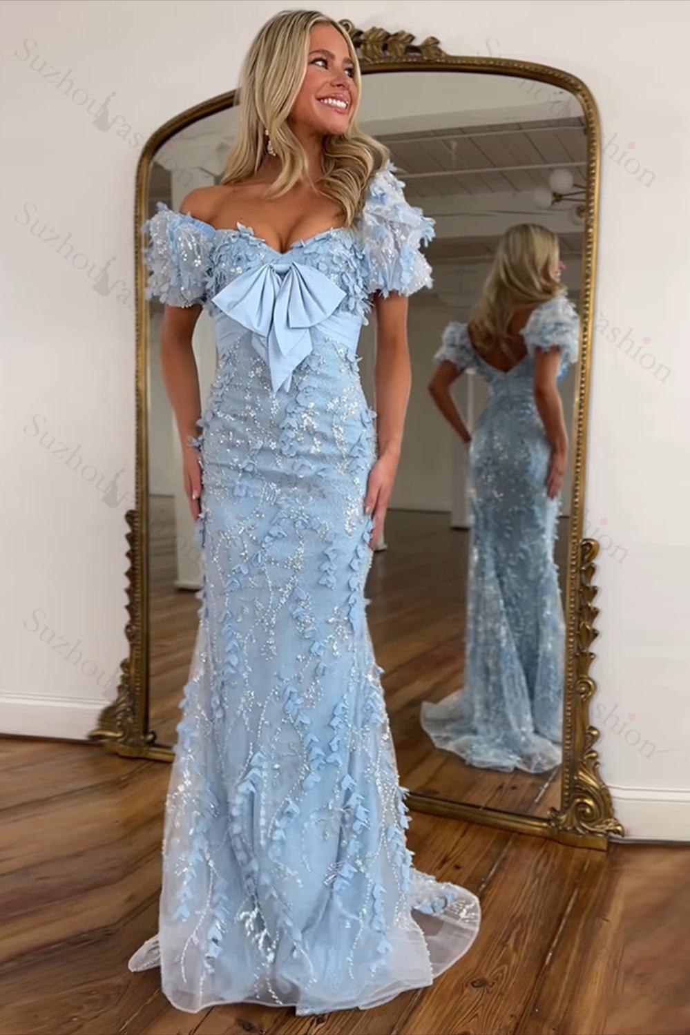 Floral Pink Prom Dress Mermaid Long Formal Dress With Puffsleeves