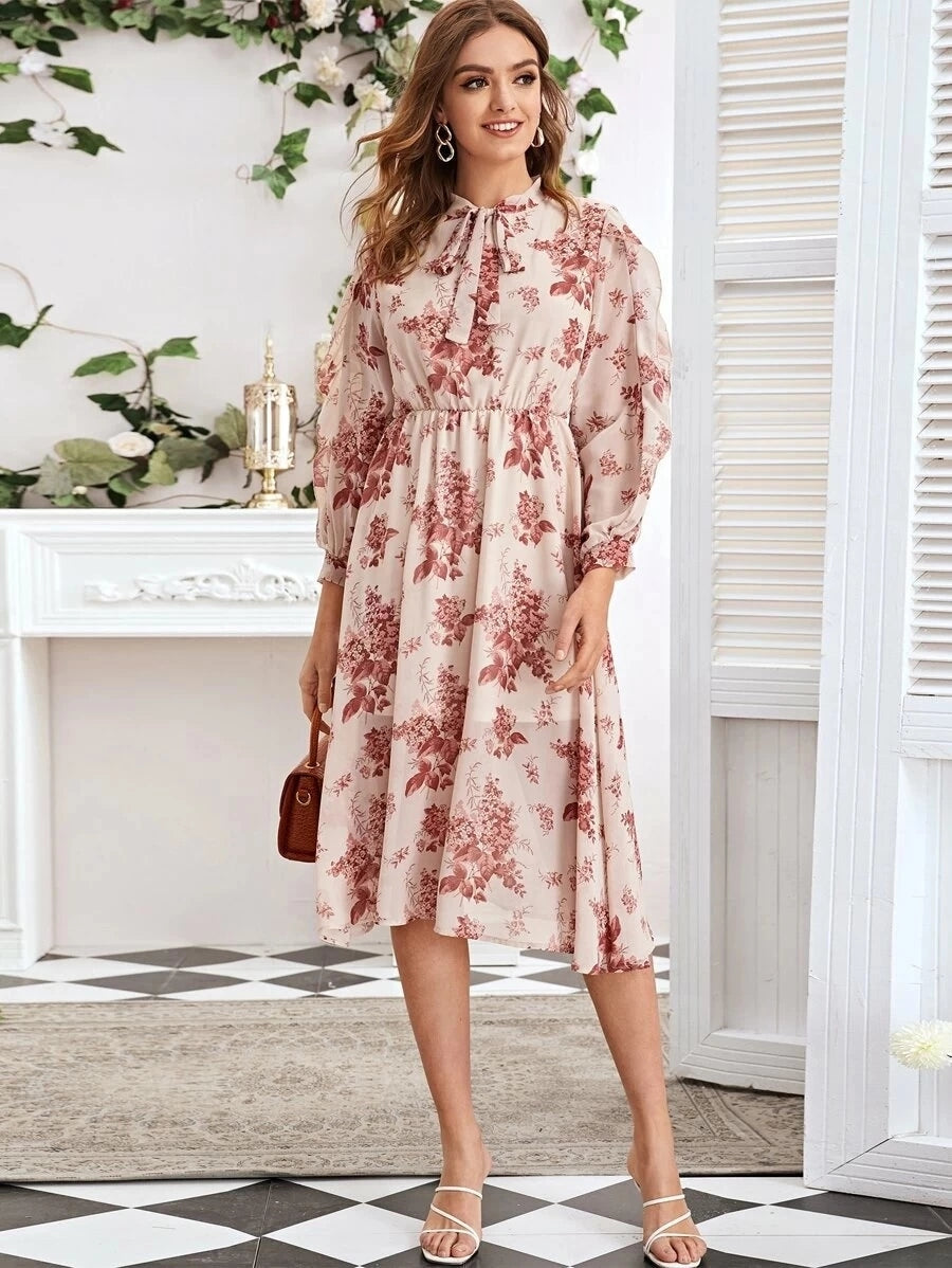 Floral Print Neck Tie Elastic Waist Lantern Sleeve Dress