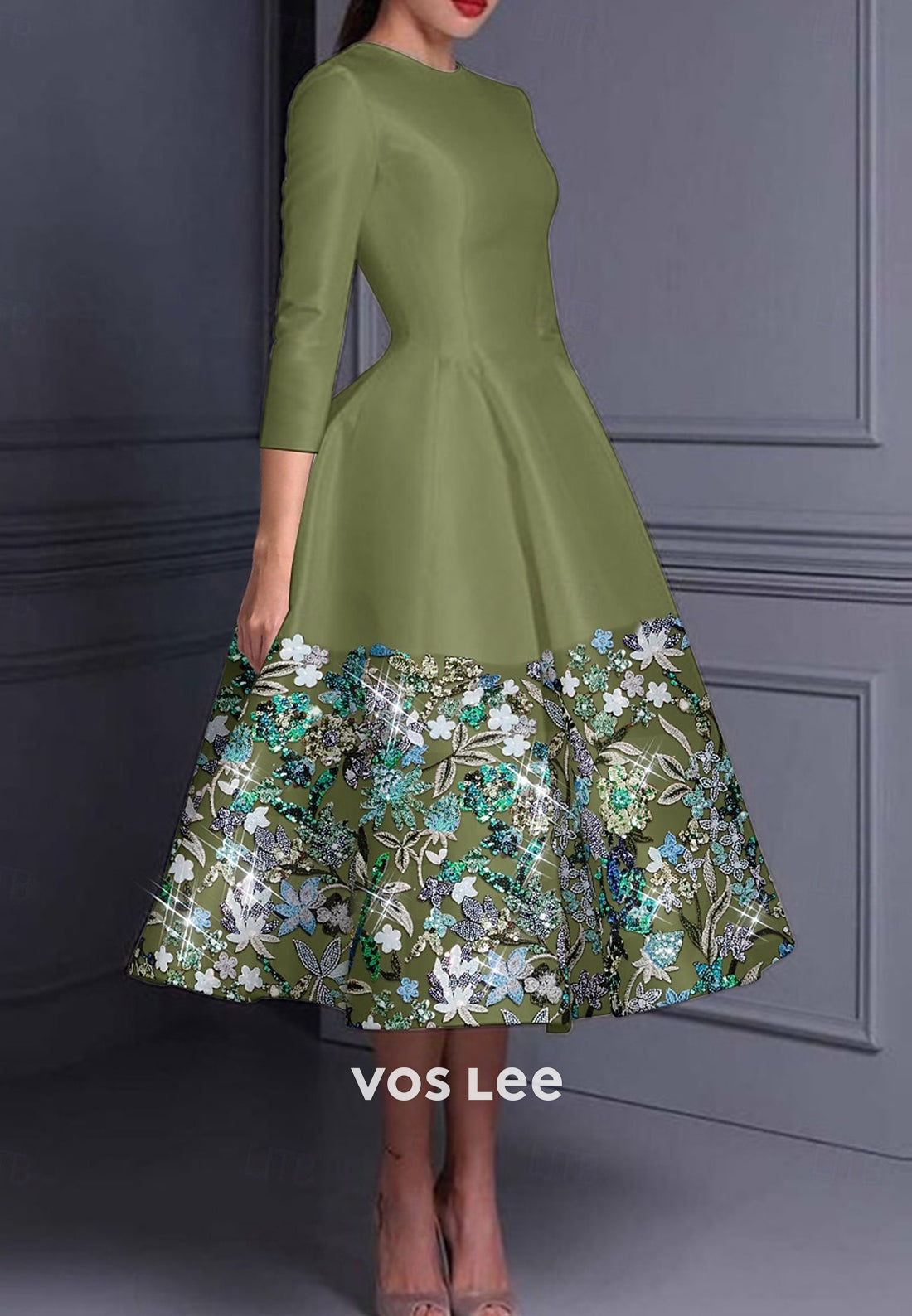 Couture & Ornate A-Line Scoop 3/4 Sleeve Appliques Pleated Evening Dresses