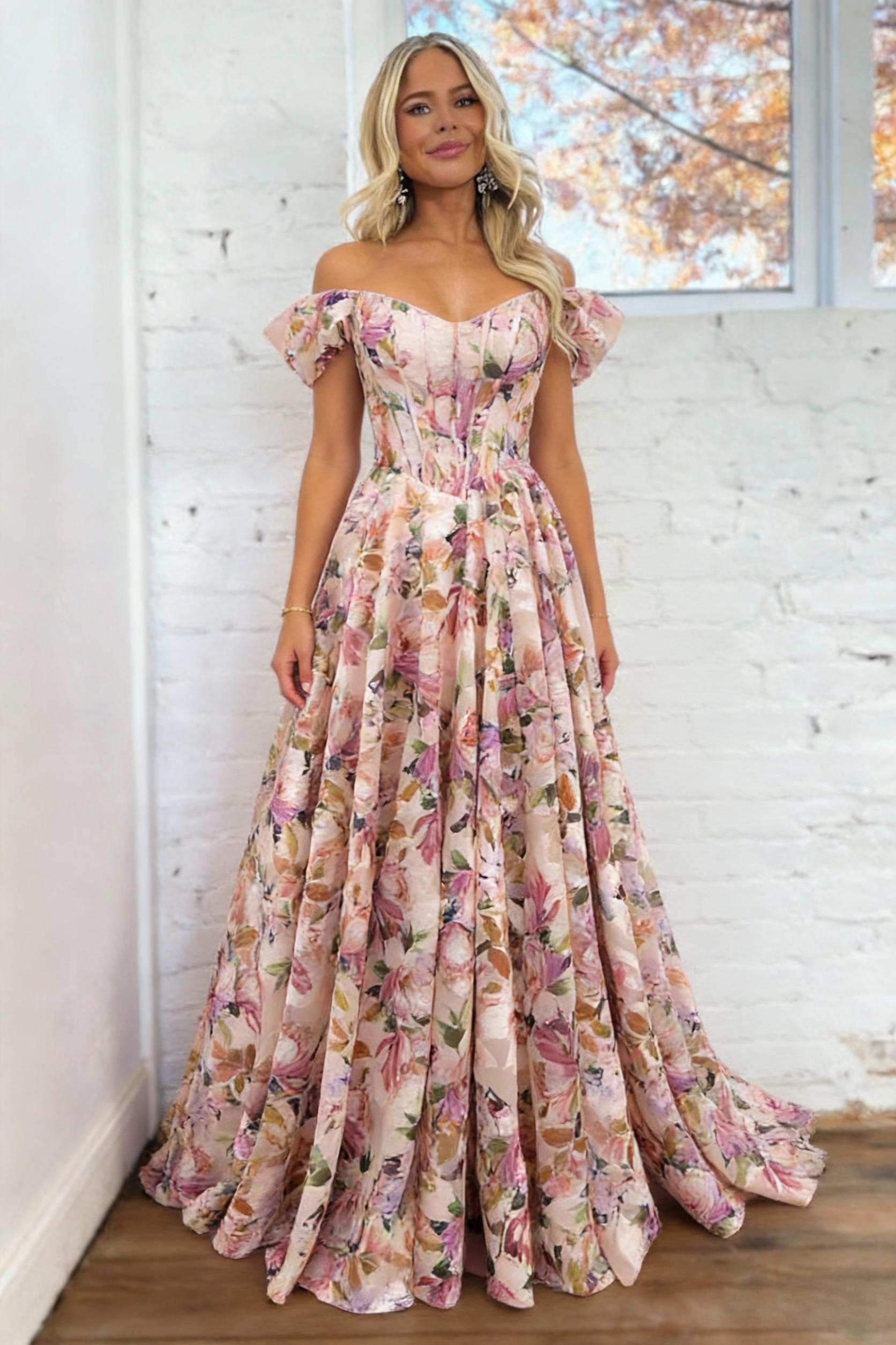 Elegant A Line Off-Shoulder Floral Printed Blush Corset Prom Dress with Puff Sleeves