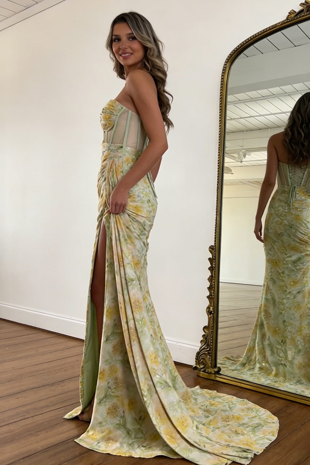 Stunning Mermaid Floral Print Glitter Sweetheart Lace Up Prom Dress with High Slit